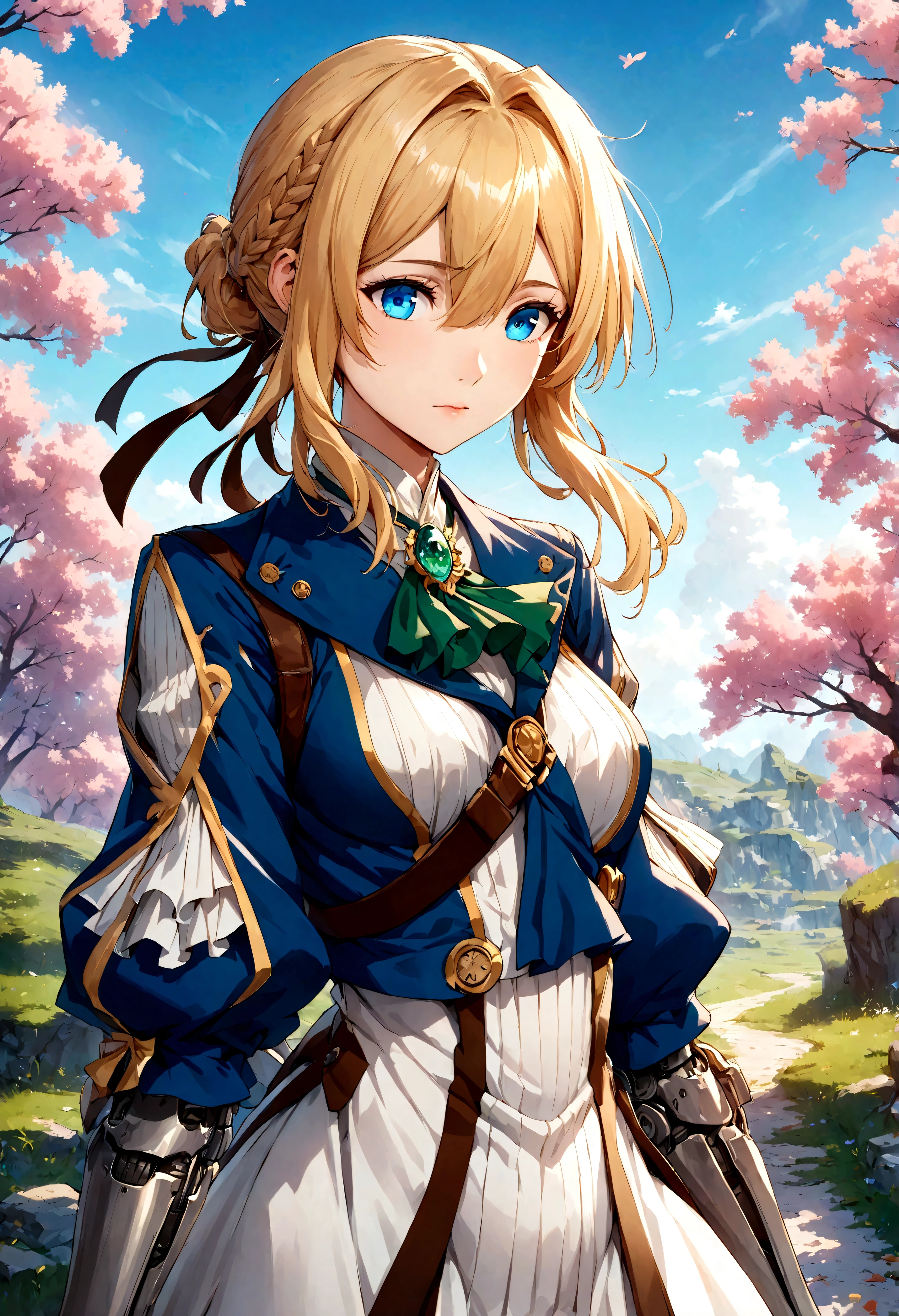 Full Color, Anime Style, Fantasy art, automatic memory doll, Only one person, Precision metal prosthetic arm, Arms covered in clothes, Golden Hair, Blue Eyes, pretty appearance, clear emerald brooch, A letter to someone you love, Violet Evergarden, Blue and white clothes, Arms covered in white clothing, Sky background, sharp, Detailed and vivid depiction, Fan art by professional illustrators, Captivating works, 