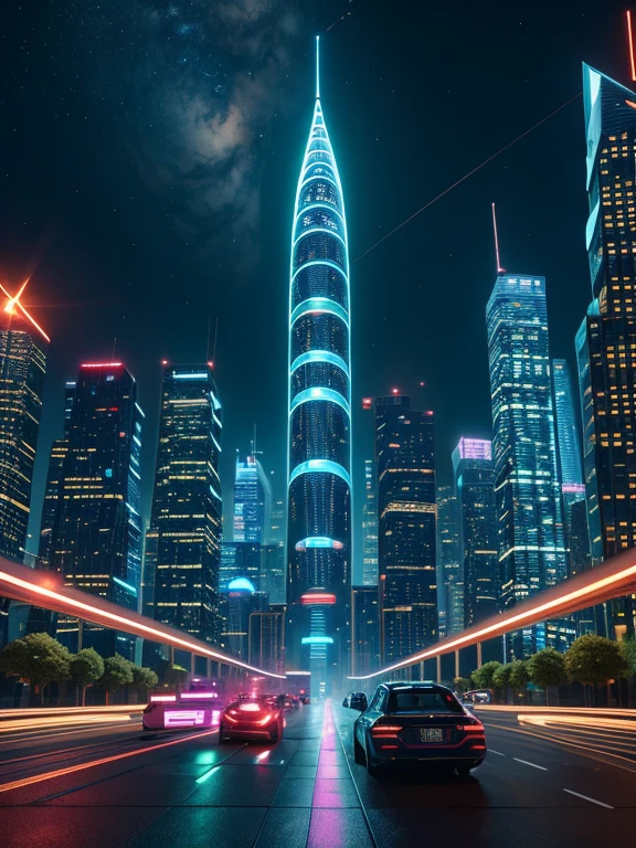 In this futuristic image of a city at night，We were taken into a city full of technology and innovation。Tall skyscrapers glow with neon lights in the night sky，Forming a series of colorful lines。The facades of these buildings are covered with reflective materials，Reflects surrounding lights，Create a futuristic atmosphere。 On the streets of the city，Driverless cars and aircraft fly by，They leave colorful trails in the night sky。These vehicles are made of smooth metal and transparent materials，It gives a sense of technology and the future。People wear fashionable clothing，Wearing smart glasses and bracelet，Integrate with technology。 The center of the city is a huge，There is a huge water screen projection on，Displays a variety of gorgeous images and animations。People surround the water curtain projection，Admire the art works and technology displayorming a unique interactive experience。surrounded by a green belt，Planting plants of the future，These plants emit faint fluorescence，Adding a touch of vitality and natural flavor to the city。 In the distance of the picture，We can see a huge spaceport，The spaceship is taking off，Carrying people to unknown areas of the universe。The spaceport’s architectural design is unique，Full of curves and streamlined elements，It gives a sense of futuristic technology。 The whole picture is full of a sense of technology and the future，Showing a future city full of innovation and imagination。This painting is rich in detail，vibrant with colorull of imagination and creativity，It makes people feel like they are in a future world full of technological wonders， (Cyberpunk night view， ultra - detailed， intricately details， deep colour， 8K resolution， realisticlying， tmasterpiece， cinmatic lighting， bokeh， Unreal Engine 5， rendering by octane， movie smoothing)