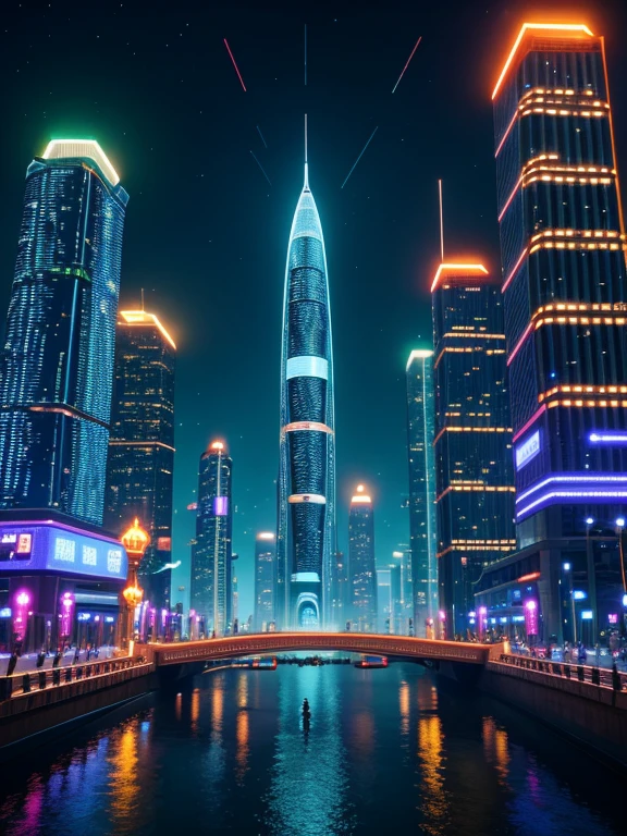 In this futuristic image of a city at night,We were taken into a city full of technology and innovation。Tall skyscrapers glow with neon lights in the night sky,Forming a series of colorful lines。The facades of these buildings are covered with reflective materials,Reflects surrounding lights,Create a futuristic atmosphere。 On the streets of the city,Driverless cars and aircraft fly by,They leave colorful trails in the night sky。These vehicles are made of smooth metal and transparent materials,It gives a sense of technology and the future。People wear fashionable clothing,Wearing smart glasses and bracelet,Integrate with technology。 The center of the city is a huge,There is a huge water screen projection on,Displays a variety of gorgeous images and animations。People surround the water curtain projection,Admire the art works and technology displayorming a unique interactive experience。surrounded by a green belt,Planting plants of the future,These plants emit faint fluorescence,Adding a touch of vitality and natural flavor to the city。 In the distance of the picture,We can see a huge spaceport,The spaceship is taking off,Carrying people to unknown areas of the universe。The spaceport’s architectural design is unique,Full of curves and streamlined elements,It gives a sense of futuristic technology。 The whole picture is full of a sense of technology and the future,Showing a future city full of innovation and imagination。This painting is rich in detail,vibrant with colorull of imagination and creativity,It makes people feel like they are in a future world full of technological wonders, (Cyberpunk night view, ultra - detailed, intricately details, deep colour, 8K resolution, realisticlying, tmasterpiece, cinmatic lighting, bokeh, Unreal Engine 5, rendering by octane, movie smoothing)