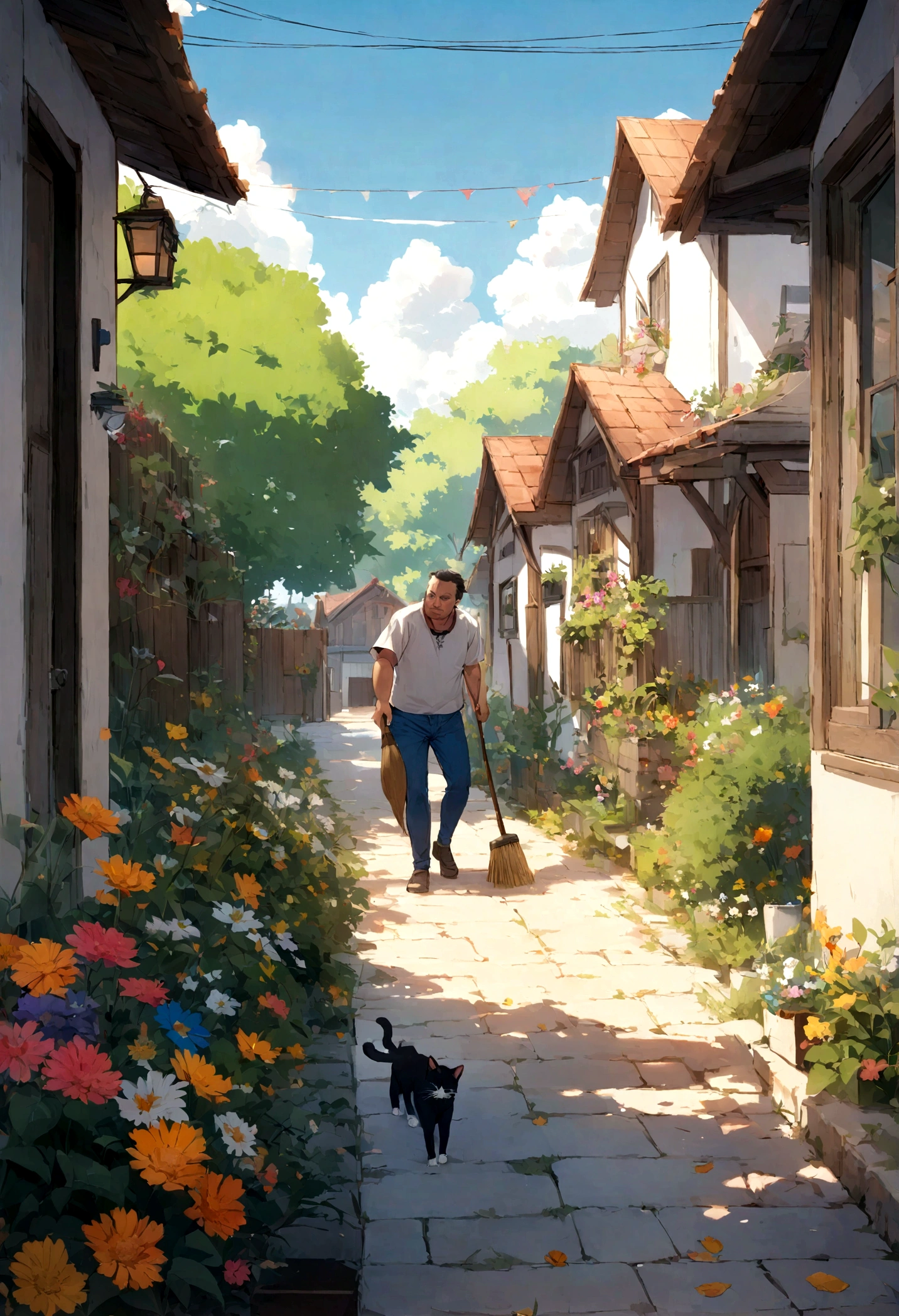 Description: A middle-aged man, John, is sweeping the sidewalk in front of his house. He wears casual clothes, with a short-sleeved shirt and jeans. The sidewalk is made of light stones and is partially covered with dry leaves. In the background, you can see the facade of your house with a well-kept garden and colorful flowers.
Environment: Quiet neighborhood with trees, a white fence, and other houses in the background. Blue sky with some scattered clouds.
Additional Details: Include a cat lying in the sun in the garden.