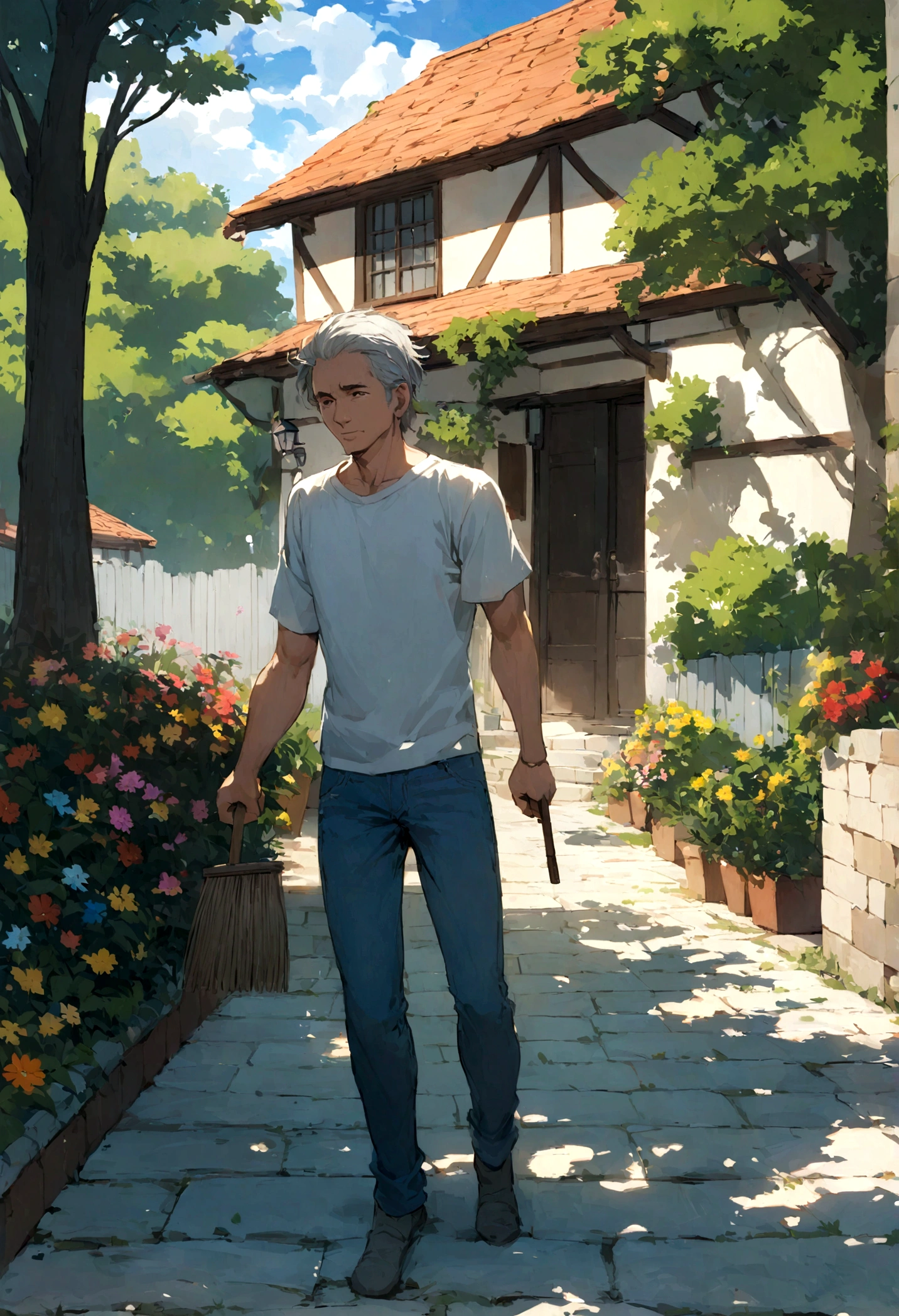 Description: A middle-aged man, John, is sweeping the sidewalk in front of his house. He wears casual clothes, with a short-sleeved shirt and jeans. The sidewalk is made of light stones and is partially covered with dry leaves. In the background, you can see the facade of your house with a well-kept garden and colorful flowers.
Environment: Quiet neighborhood with trees, a white fence, and other houses in the background. Blue sky with some scattered clouds.
Additional Details: Include a cat lying in the sun in the garden.