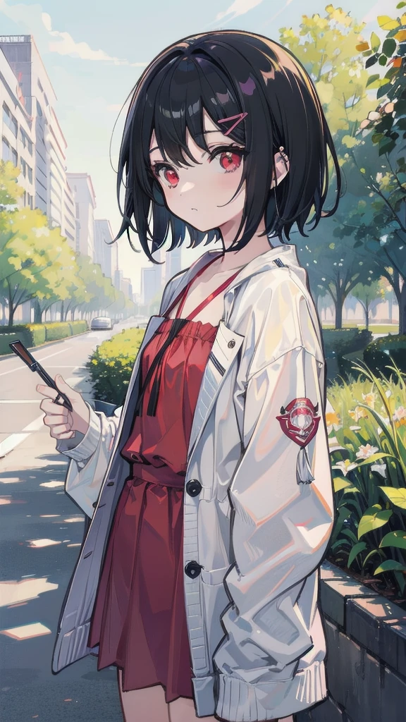 Short hair, Black hair, Flat chest, 1girll, Red eyes,teens girl,hair pin,Solo, A high resolution,(Plain clothe),En plein air