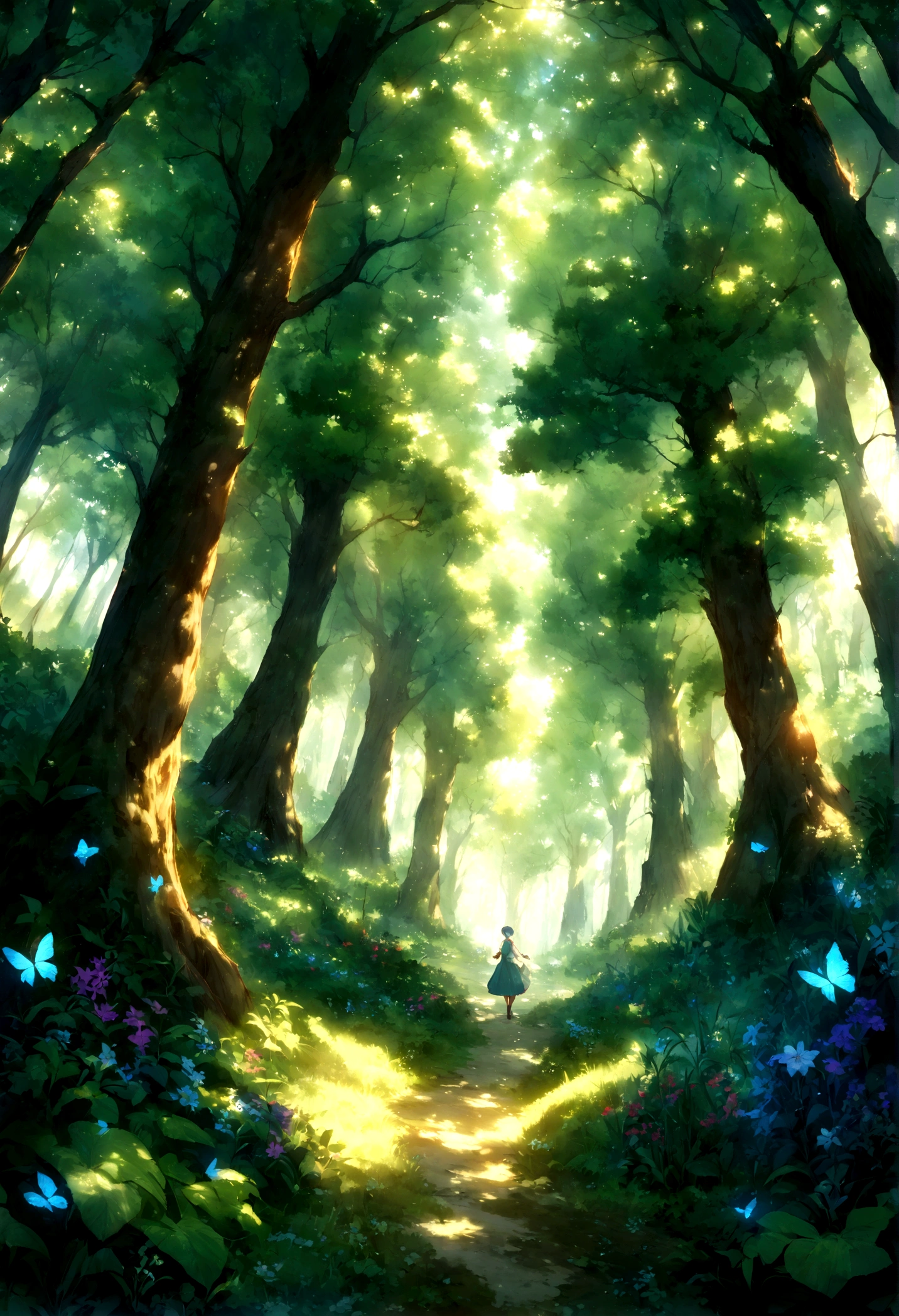 "Generate an image of a tranquil forest glade using a fish-eye perspective. The scene should capture tall trees arching overhead, creating a natural canopy with dappled sunlight filtering through the leaves. Include a small, clear stream winding through the glade, with a variety of flora and fauna like ferns, wildflowers, and butterflies. The fish-eye lens effect should emphasize the height and curvature of the trees, giving a sense of being enveloped by nature. with a 17 years old boy, walking . The overall atmosphere should be serene and enchanting."