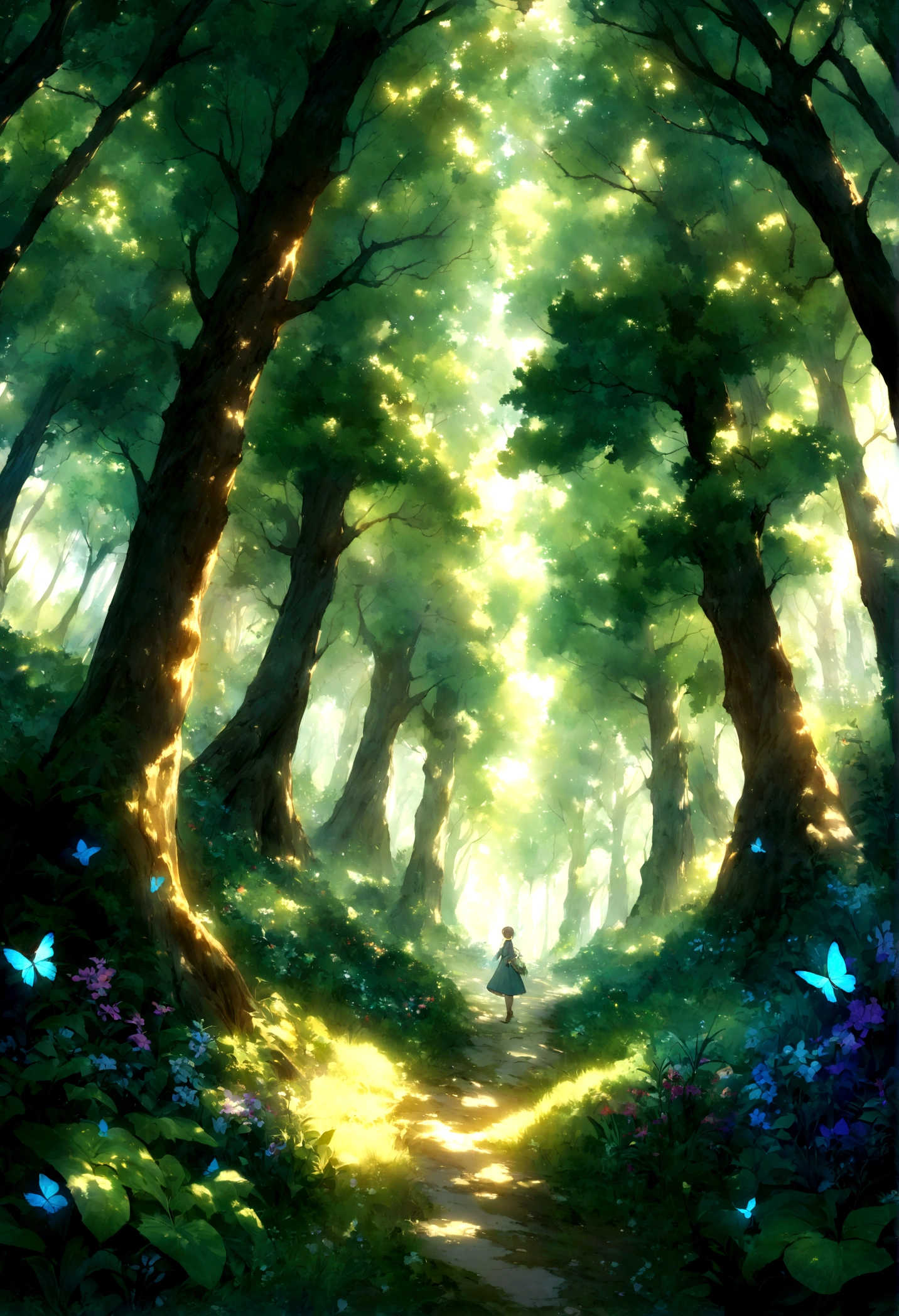 "Generate an image of a tranquil forest glade using a fish-eye perspective. The scene should capture tall trees arching overhead, creating a natural canopy with dappled sunlight filtering through the leaves. Include a small, clear stream winding through the glade, with a variety of flora and fauna like ferns, wildflowers, and butterflies. The fish-eye lens effect should emphasize the height and curvature of the trees, giving a sense of being enveloped by nature. with a 17 years old boy, walking . The overall atmosphere should be serene and enchanting."