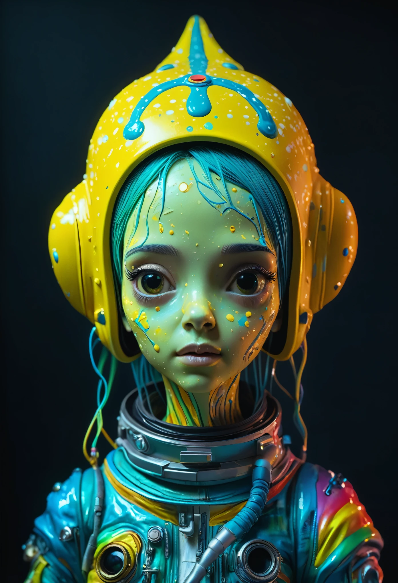 8K, ARTISTIC photogrAphy, best quAlity, mAsterpiece: 1.2), A (potrAit:1.2) Don Bluth Style  ASTRONAUT Cthulhu yellow Toon Doll, full body RAW candid cinema, cyan hair, 16mm, color graded portra 400 film, remarkable color, ultra realistic, sad admosphere, dark lighting, oppressive atmosphere, depressive colors, kodak portra 400, photograph,r, Natural Light,  Pinhead lighgts, blur reflection, Brush Strokes, Smooth, abstract, Splatter, Oil On Canvas, rainbow colors, fractal isometrics details bioluminescens : a stunning realistic photograph of wet bone structure, 3d render, octane render, intricately detailed, titanium decorative headdress, cinematic, trending on artstation | Isometric | Centered