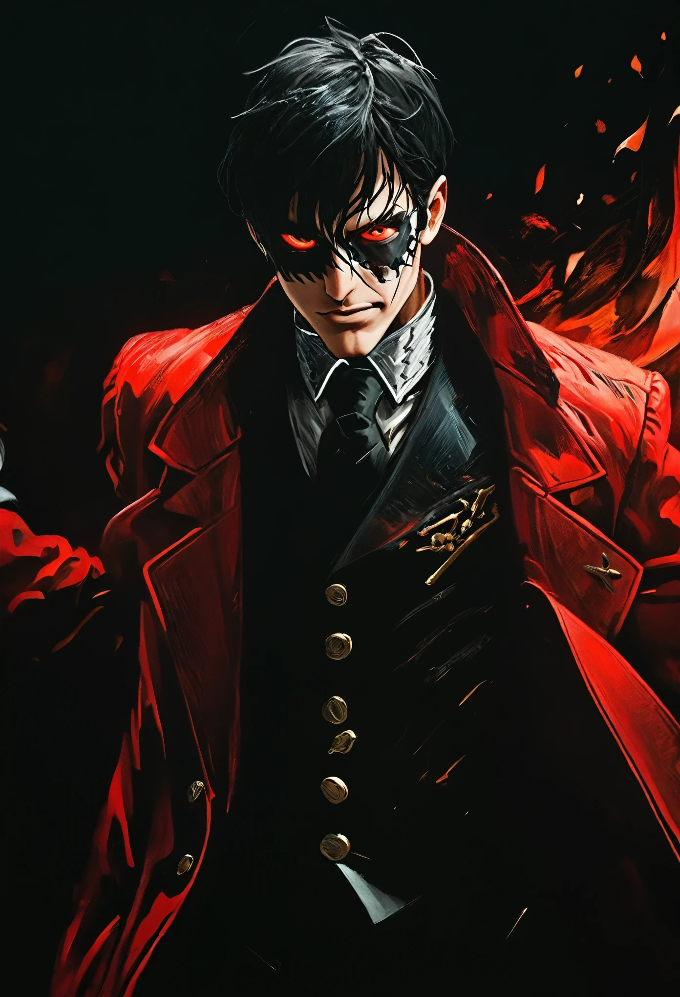 masterpiece, highest quality, super high quality, Absurd detailed, best Light, Best Shadow, sharp, sharp image, detailed, extremely detailed, Amazing resolution, 8k, 4K, Ultra-high resolution, Particle Effects, Beautiful Effects, Vibrant colors, neon Light, neon, Light,Alucard from "Hellsing" in close-up, in high quality. Fisheye effect, focusing the image on the barrels of their distinctive engraved pistols, the Jackal and the Casull, pointing directly at the viewer. The image shows his iconic red outfit in great detail, with the crimson coat fluttering slightly in the wind, and his white gloves with pentagrams clearly visible. In the background, his face is clearly seen, with crimson eyes shining with malice and a cynical smile that reveals his sharp fangs. The atmosphere is dark and oppressive, with high contrast to intensify his aura of terror.((dual weapons))