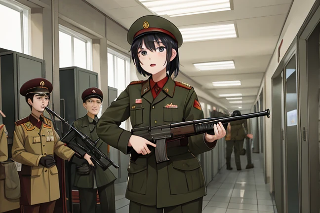 Amy Wong wearing Soviet Military Uniform holding Machinegun inside Hospital 