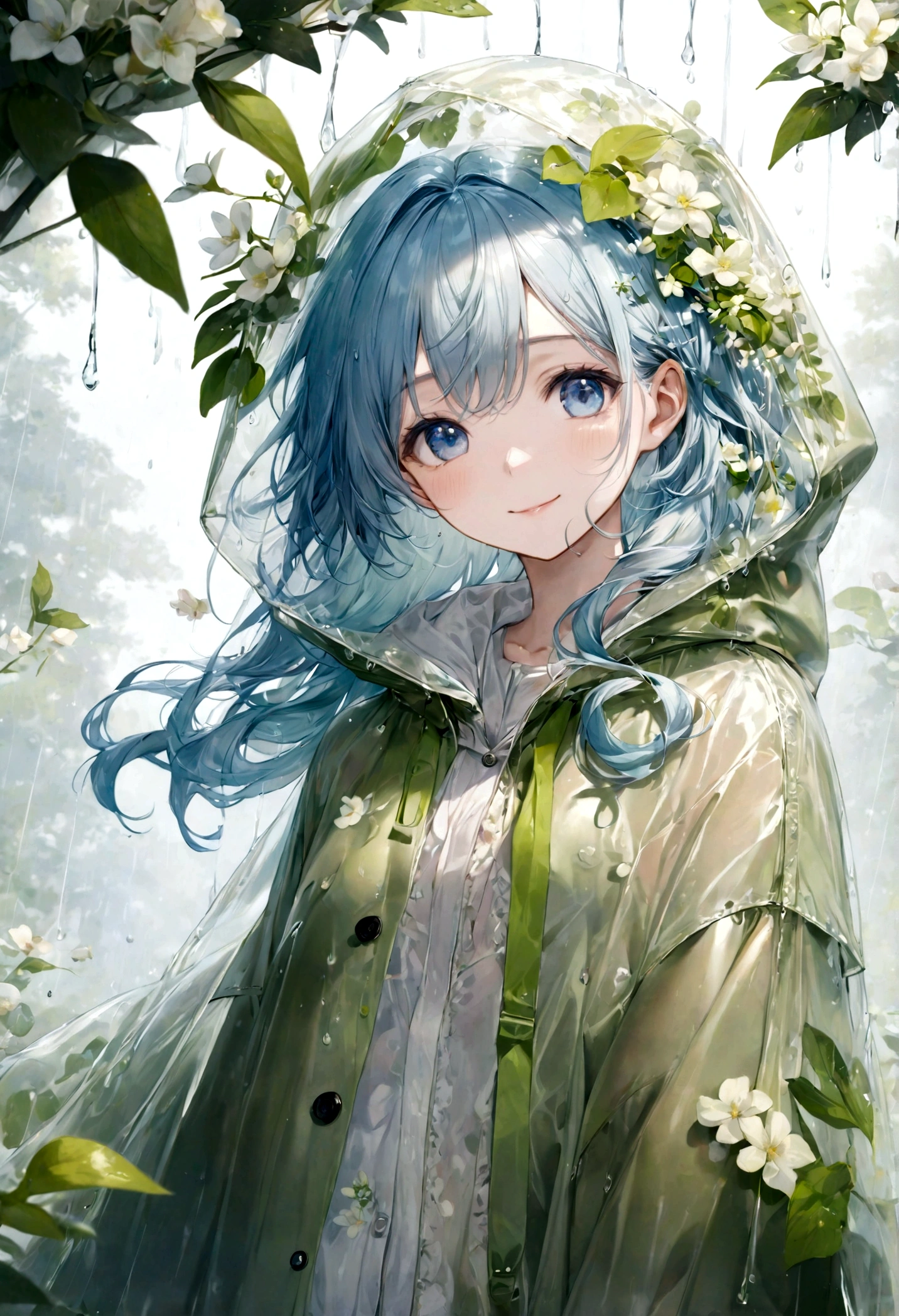 ((top-quality)), ((masterpiece)), ((ultra-detailliert)), (extremely delicate and beautiful), beautiful woman, bright light blue hair, long wavy hair, sapphire blue eyes, wearing a spring green raincoat, raincoat has a hood, raincoat hood is translucent, raincoat hood has embedded leaves, raincoat hood has embedded delicate white flowers, raincoat is sheer, hair is within the hood, graceful smile, sweet smile, relaxed expression, fair complexion, rainy spring background