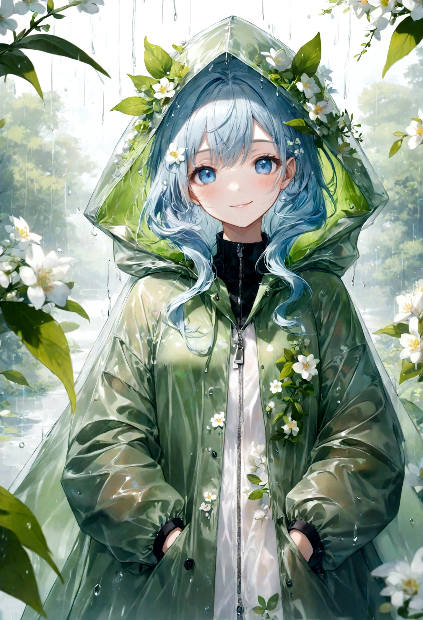 ((top-quality)), ((masterpiece)), ((ultra-detailliert)), (extremely delicate and beautiful), beautiful woman, bright light blue hair, long wavy hair, sapphire blue eyes, wearing a spring green raincoat, raincoat has a hood, raincoat hood is translucent, raincoat hood has embedded leaves, raincoat hood has embedded delicate white flowers, raincoat is sheer, hair is within the hood, graceful smile, sweet smile, relaxed expression, fair complexion, rainy spring background