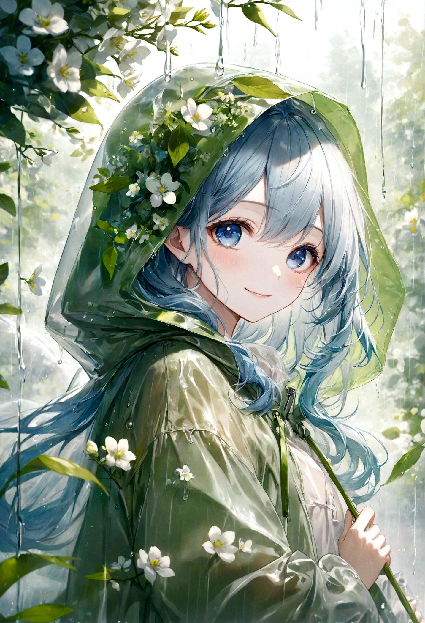 ((top-quality)), ((masterpiece)), ((ultra-detailliert)), (extremely delicate and beautiful), beautiful woman, bright light blue hair, long wavy hair, sapphire blue eyes, wearing a spring green raincoat, raincoat has a hood, raincoat hood is translucent, raincoat hood has embedded leaves, raincoat hood has embedded delicate white flowers, raincoat is sheer, hair is within the hood, graceful smile, sweet smile, relaxed expression, fair complexion, rainy spring background
