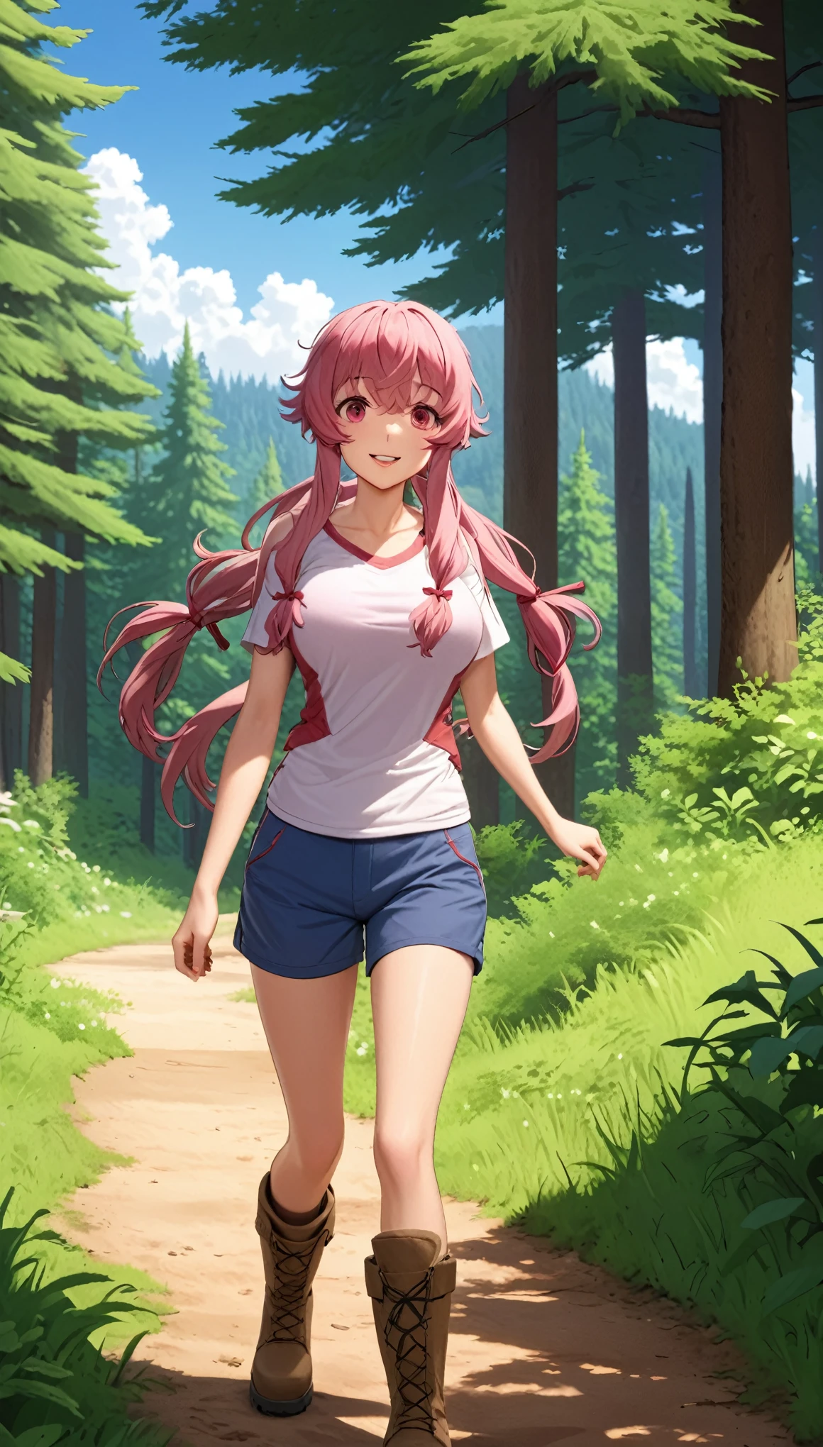 This scene captures Yuno Gasai hiking through the woods on a clear summer day, showcasing her adventurous spirit and love for nature. Dressed in hiking boots, shorts, and a t-shirt, she navigates a winding dirt path bordered by majestic pine trees. The peaceful and scenic setting suggests a moment of solitude and tranquility for Yuno as she immerses herself in the beauty of the natural world. (large breasts:1.1), red eyes, happy,