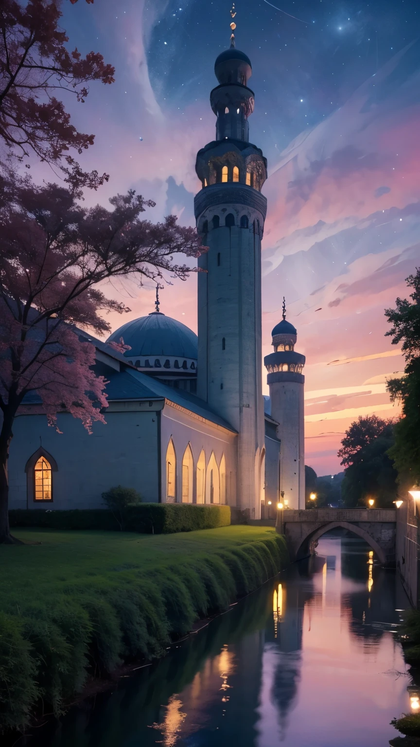 mosque, beautiful, exterior, trees, river, sexy, night, (((colorful sky))), grassy, flat landscape, mercy, blessing, beauty, (((night sky))), ((( stard)))