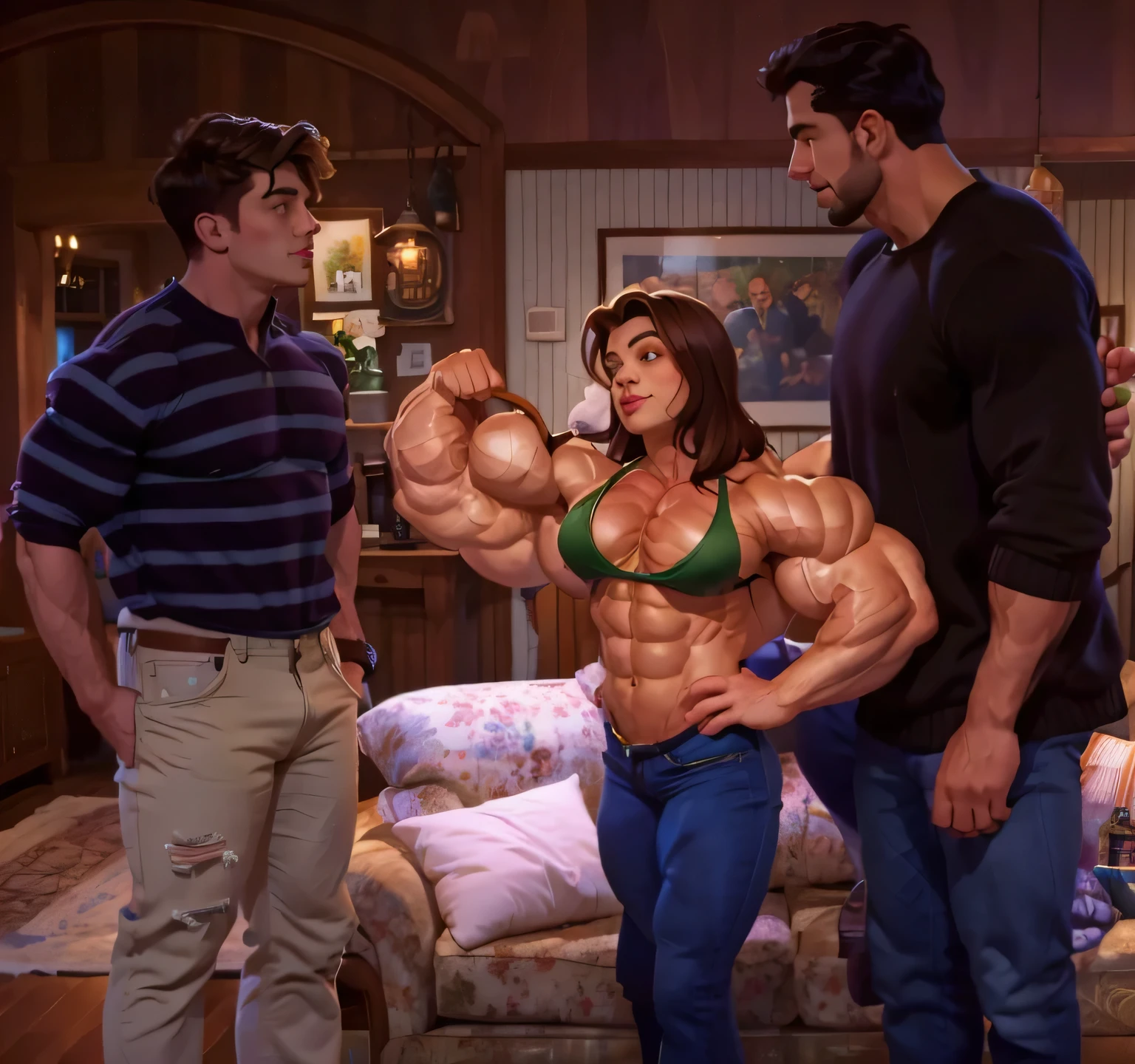 A living room setting where a woman with huge muscles flexing her massive right bicep wearing green bikini top and jeans trousers is standing in the middle of the pic and she is between two men and she is looking at them, the man on the left is wearing a striped shirt and the man on the right is wearing a brown sweater, muscle woman, woman with massive muscles