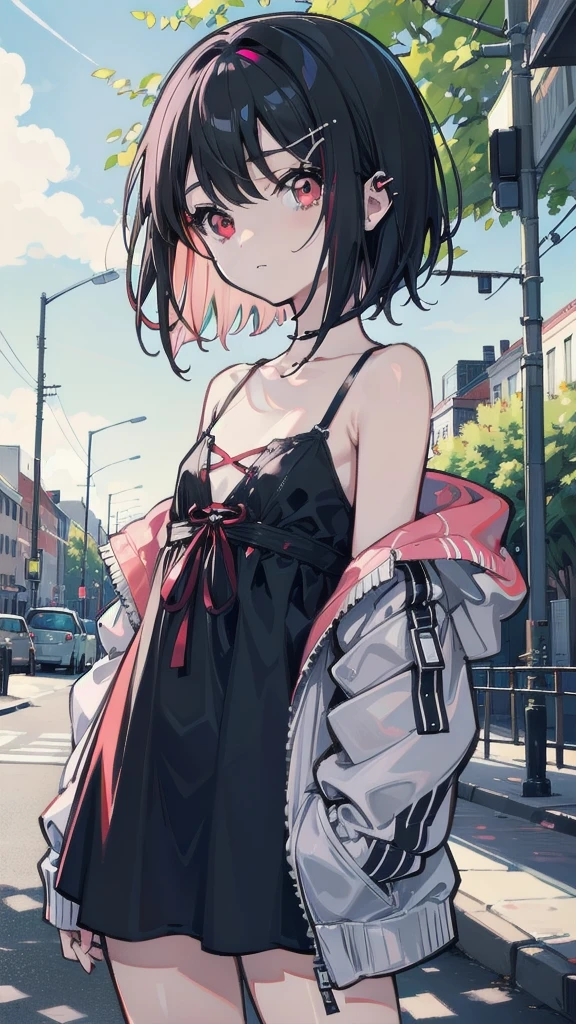 Short hair, Black hair, Flat chest, 1girll, Red eyes,s girl,hair pin,Solo, A high resolution,(Plain clothe),En plein air