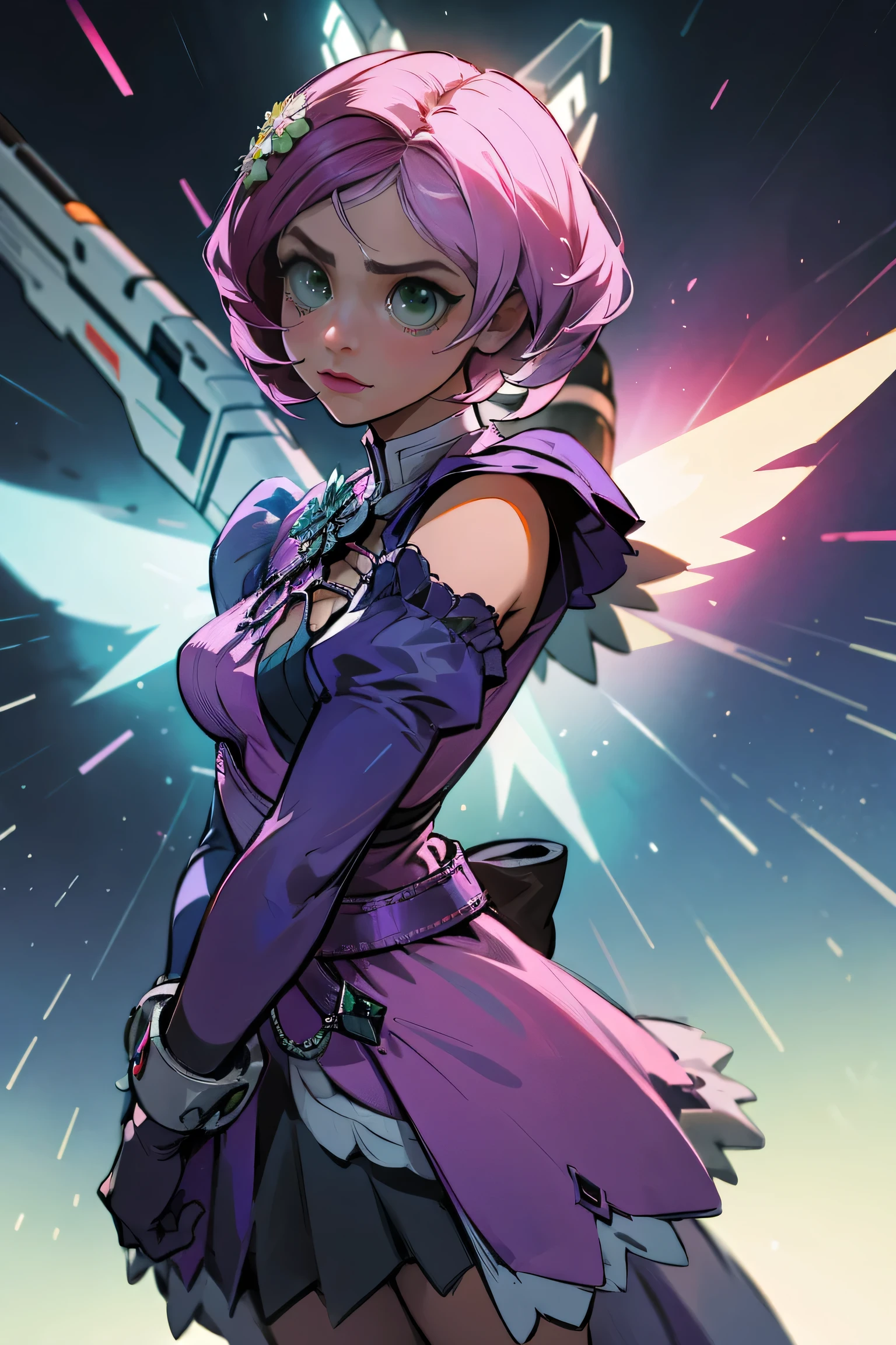 Alisa bosconovitch, mechanical wings, olhos verdes, personagem, female, mulher, game personagem, tekken, Videogame, cabelo rosa, cabelo multicolorido, cabelo curto, Flower on head, serious, sorriso sedutor, risonho, Excitado, olhos gradientes, anime, anime, cinematic lighting, sombra projetada, Luz brilhante, linhas de movimento, f/1.2, lateralmente, perspectiva, fechar-se, multiple views, UHD, alta qualidade, melhor qualidade, melhor qualidade