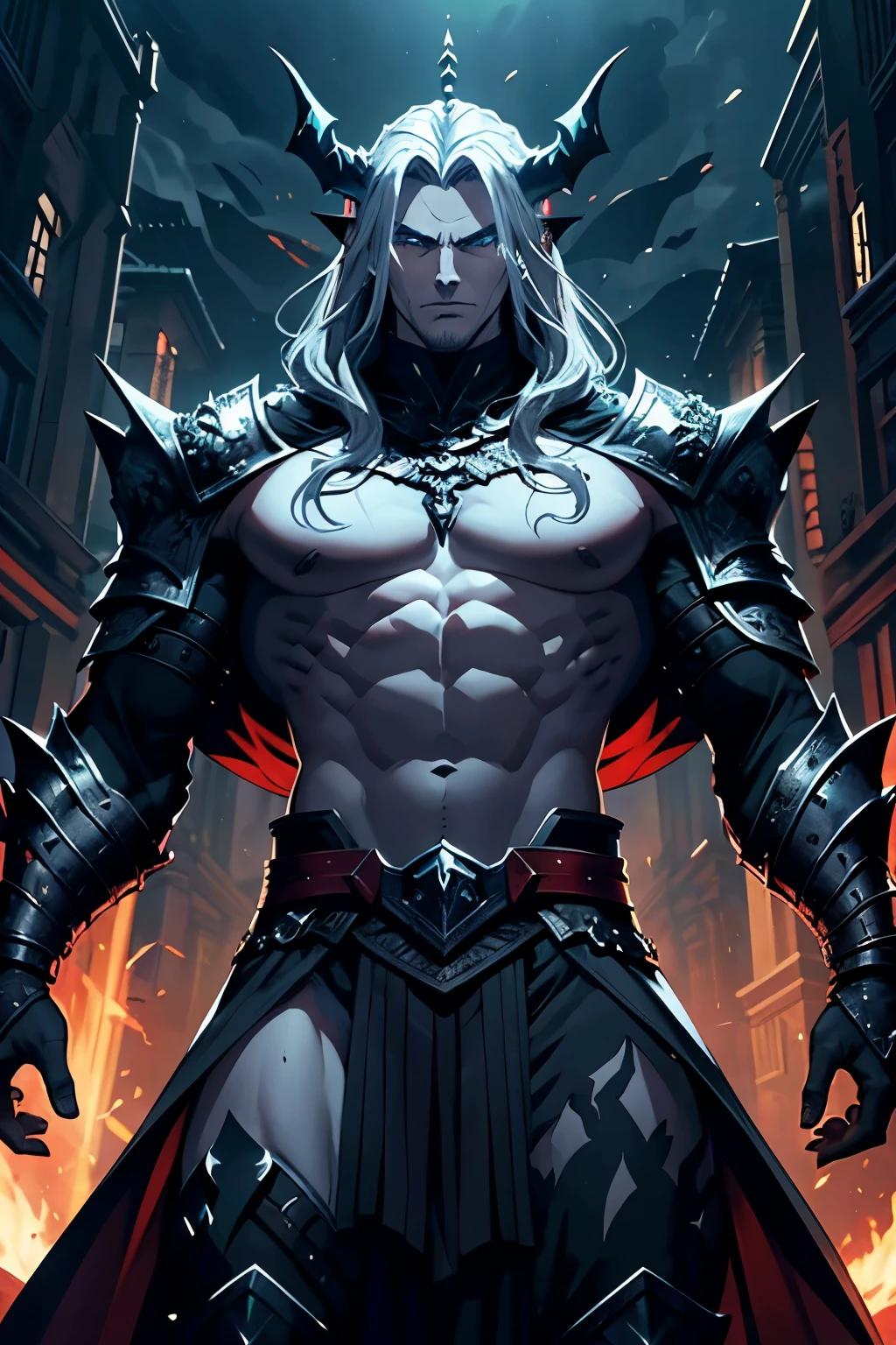 haracter Design: Thalios Draconis
Height: 2.10 meters
Build: Muscular and imposing, with a strong, warrior-like physique.
Skin: His skin has a slight sheen, resembling the texture and toughness of dragon scales, but still human in appearance.
Eyes: Golden, with slit pupils like a dragon's, reflecting wisdom and power.
Hair: Long, flowing, and dark, with streaks of silver running through it, symbolizing his ancient lineage and connection to dragons.
Face: Chiseled features, with a strong jawline and high cheekbones. His expression is often stern and noble.
Armor:
Chestplate: Forged from a dark, metal-like substance with draconic designs etched into it, resembling the scales of a dragon.
Pauldrons: Large and spiked, providing additional protection and a menacing appearance.
Gauntlets: Heavy, with claw-like extensions on the fingers, hinting at his "dragon claws" ability.
Greaves: Matching the chestplate, designed for maximum mobility and protection.
Cape: A long, flowing cape made from dragonhide, dark in color, with a fiery inner lining that glows when he uses his abilities.
Sword:
Design: The blade is long and slightly curved, with runes glowing along its length.
Hilt: Adorned with dragon motifs, and a large, red gem set in the pommel.
Overall Theme: The overall design should exude power, ancient wisdom, and a deep connection to dragons, with an aesthetic that combines medieval knight armor with draconic elements.