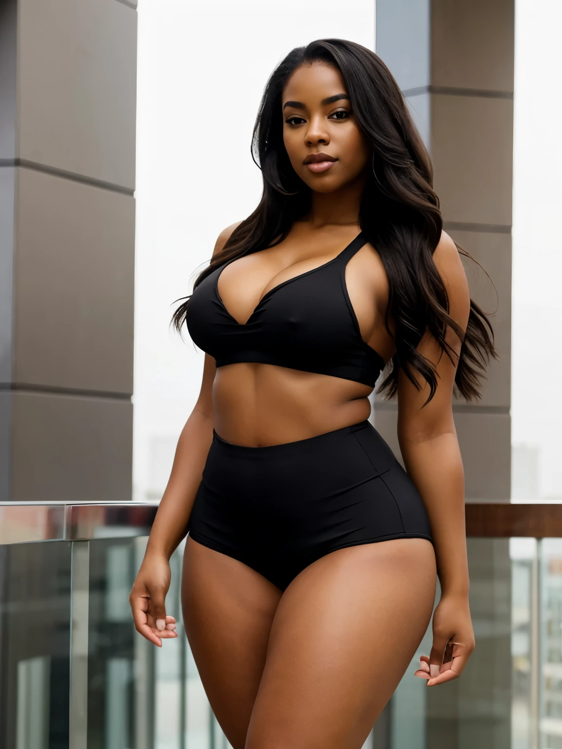Mixed black ethnicity, curvy girl , wearing sexy sport outfit , long hair , sexy photos