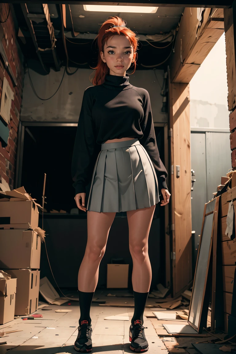 1girl, ginger, freckled face, face freckles, rosy, contemptuous look, 1 girl, solo, full body view, ponytail haircut,pale skin, big round , stand sexy pose, beautiful, ((pleated skirt)), ((oversized black sweater)), black high heel shoes, ((in an dark old abandoned black basement))
