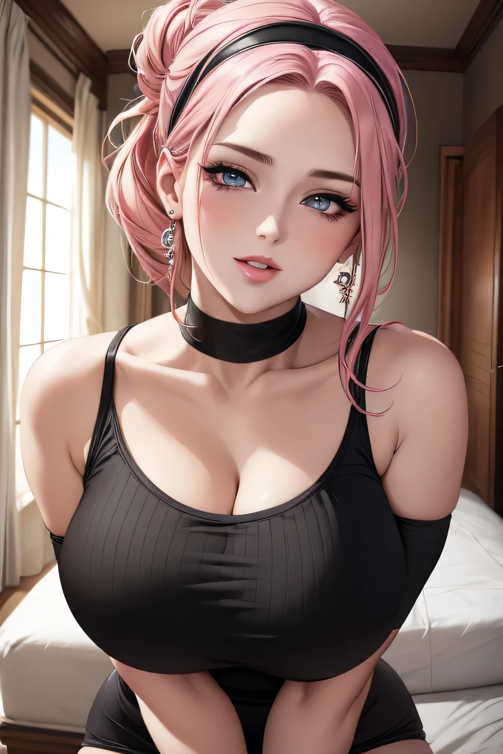 Amazing portrait of a sexy woman with a beautiful face with beautifully detailed eyes in a seductive gaze and beautifully detailed lips and extremely detailed eyes and face with long eyelashes with her pale skin turning pink with a smile on her lips with her messy bun hair tied in a black hairband wearing alluring earrings and black v-neck t-shirt emphasizing her long neck and her medium chest with cleavage and her captivating demeanor having an enchanting expression and tempting charm with captivating beauty and elegance as she poses seductively with her beguiling presence.