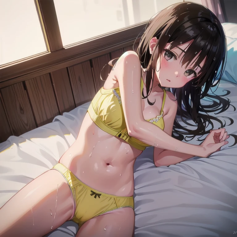 (8K、Raw photography、top-quality、masterpiece:1.2)、(、Round face:1.3)、yuuki mikan, 1girl in, student clothes,Underwear、cleavage of the breast、all-fours、ultra-detailliert、超A high resolution、see the beholder、beautifull detailed face、Constriction、(Slim waist) :1.3)、Beautiful detailed skin、Skin Texture、floated hair、profetional lighting,((yellow underwear))、(((Wet underwear)))、Cotton panties、Sit on the bed、small dark room