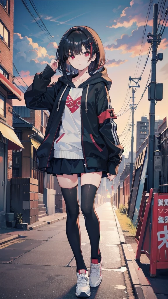 zettai ryouiki, Hoodie,short hair, Black hair, Flat chest, 1girl, Red eyes,teens girl,hair pin,Solo, Morning,full body, highres,blue sky,City