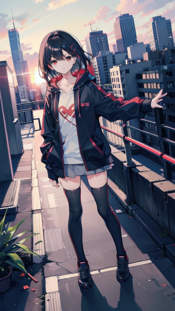 zettai ryouiki, Hoodie,short hair, Black hair, Flat chest, 1girl, Red eyes,s girl,hair pin,Solo, Morning,full body, highres,blue sky,City