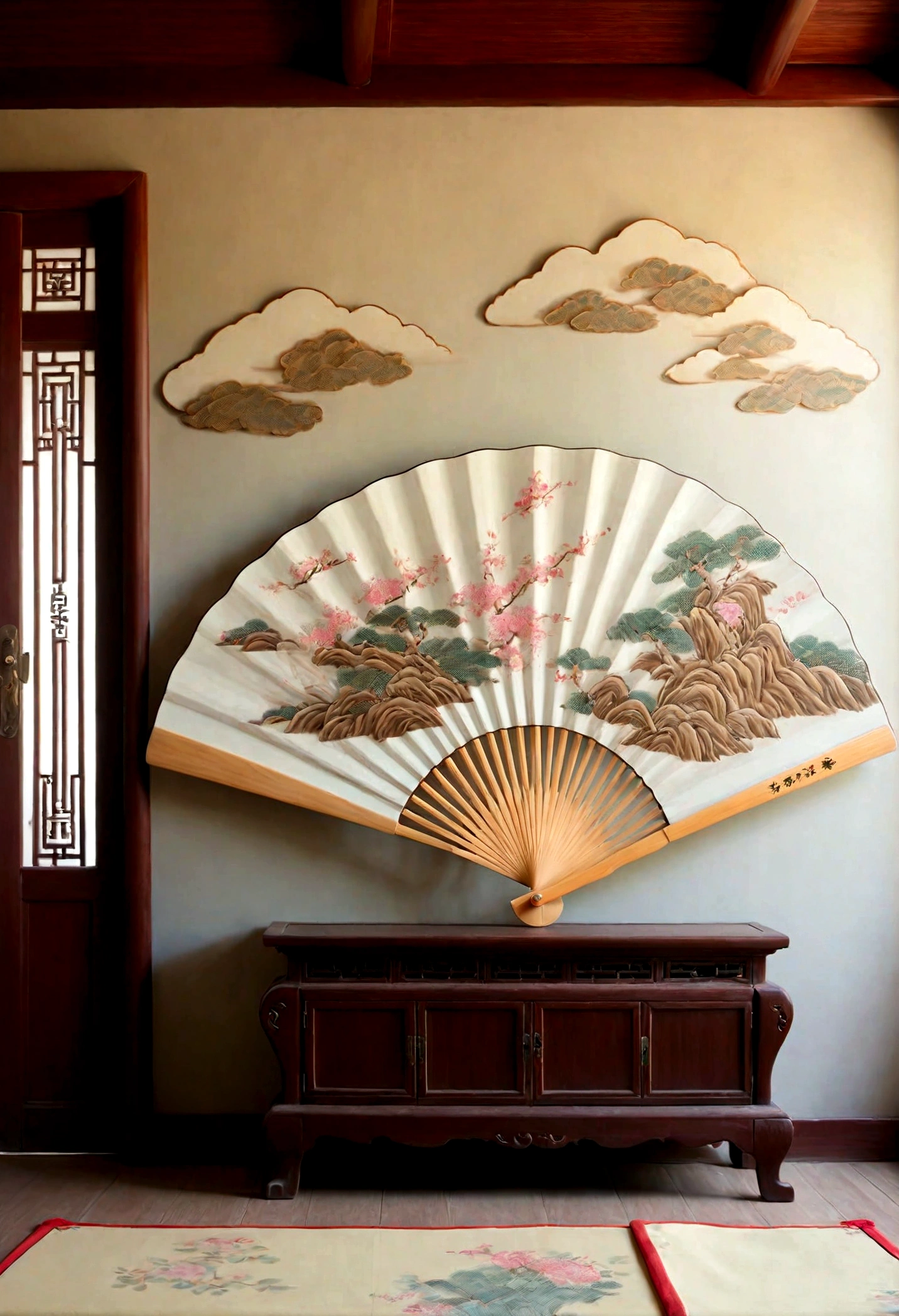 (Chinese interior, , realistic documentary photography, showing history,)bedroom, front of perspective, fan detail, jun porcelain hand fan, parquet floor, calm elegance, auspicious cloud mural,