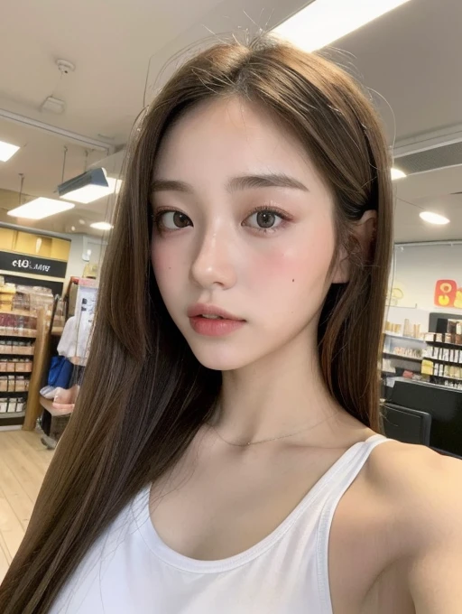 ((Best quality, 8k, Masterpiece :1.3)), 1girl, Eimi Fukuda, Pretty woman with emphasizing slender abs :1.3, (random hairstyles :1.2), Oversized tank top :1.2, Ultra-detailed face, Detailed eyes, Double eyelid, at store