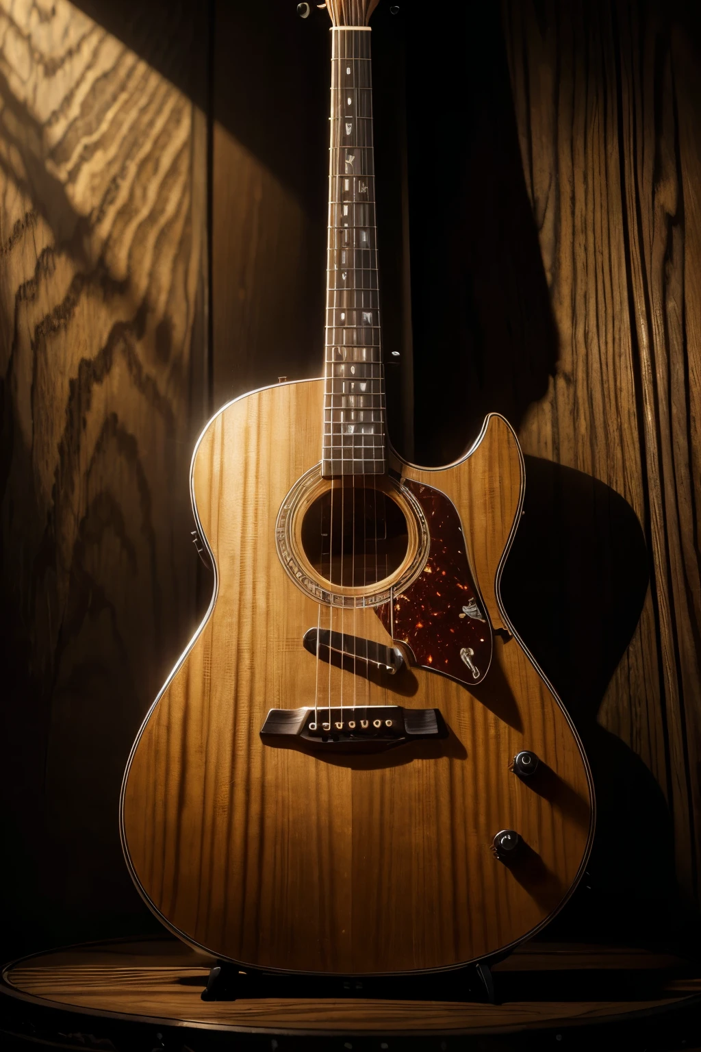 2 crossed guitars, highly detailed, intricate, complex, dramatic lighting, cinematic, photorealistic, 8k, hyperrealistic, glossy, metallic, wood grain texture, chiaroscuro, moody, dramatic shadows, golden hour, warm color tones, vibrant colors, dynamic composition, cinematic angle, masterpiece