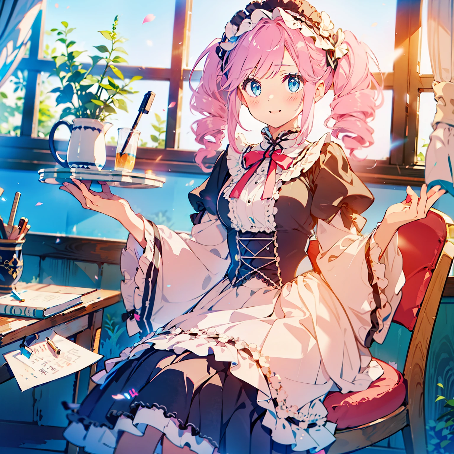 One Woman、young、blue eyes、Pink Hair、Long Hair、Drill-shaped twin-tail hairstyle、Wear a brim、Sit on a chair、I read a book、White ****ta Fashion