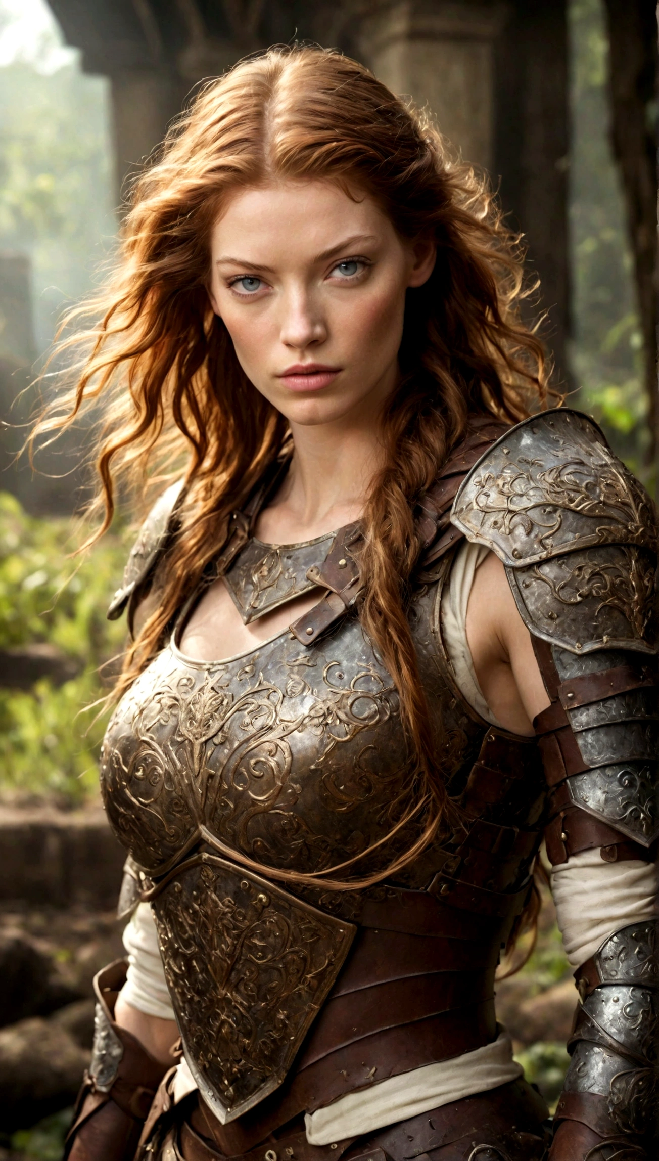 masterpiece, beautiful Amazon warrior, (Alyssa Sutherland:1.0), highly detailed plate armor, filigree, , (strong muscular body), (short brown tangled hair), Legantasia battlefield background), war-torn environment, magical war, HD, (skin texture:1.1), Best quality, ultra high resolution, (Photorealistic: 1.4), Raw photo, Ellen von Unwerth, Photo film Nikon D850, f1.6 lenses, rich colors, realistic, film studio 800, backlight, Rim illumination, studio lighting, Sun Ray, close-up