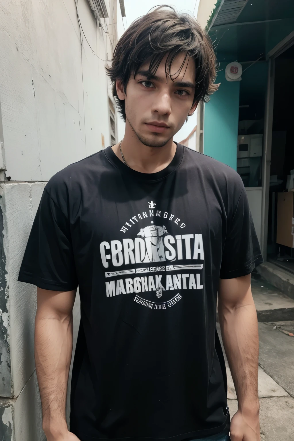 homem modelo estindo camiseta preta basica em uma central de florianopolis