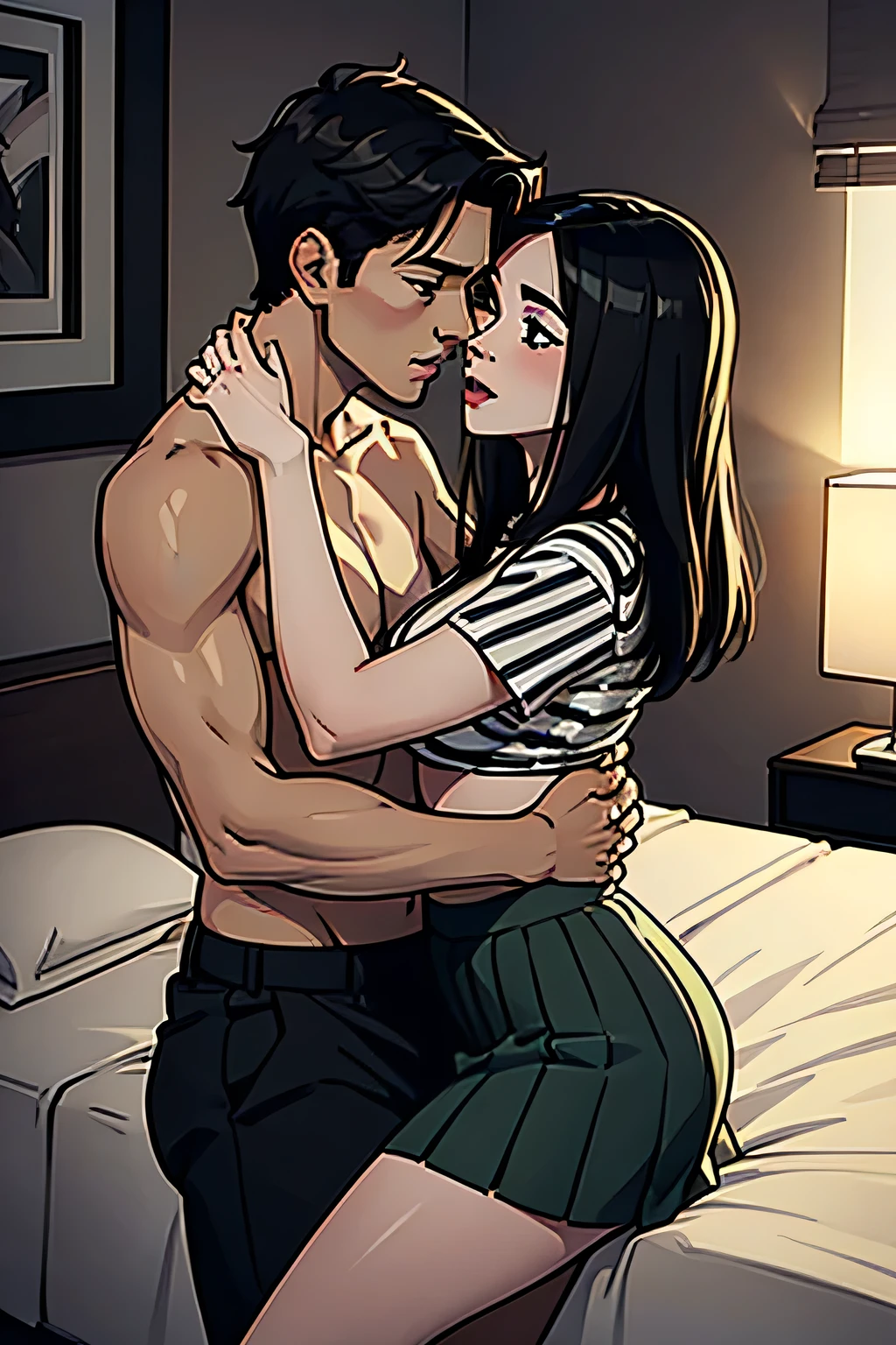 Amazing portrait of a sexy and woman wearing a black and white striped t shirt and a dark green skirt kissing and making out passionately with a shirtless boy on the bed in an intimate setting