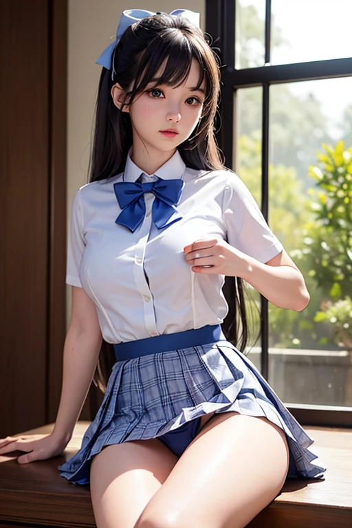 (masterpiece:1.2, highest quality), (Realistic, photoRealistic:1.4), Beautiful illustrations, View audience, Full body,
1gir 13years old, Japanese, middle school girl, (Long Hair:1.5), Hair fluttering, (Half Up, Half Updo), bangs,
Hair between the eyes, Medium Breasts:0.8, Beautiful Hair, Beautiful Face, Beautiful Eyes, blue bow, blue bowtie,
blush, bow, bow panties, bowtie,((Collared short-sleeved shirt, White shirt, Blue checked bow tie,white pantie are visible,
Grey plaid pleated skirt)), day, grey eyes, knee up, leaning back, lifted by self, lips, long hair, medium breasts,
miniskirt,skirt lift, navel, nipples, no bra, school, panties, parted lips, sunlight, thighs, underwear,open skirt,ass,