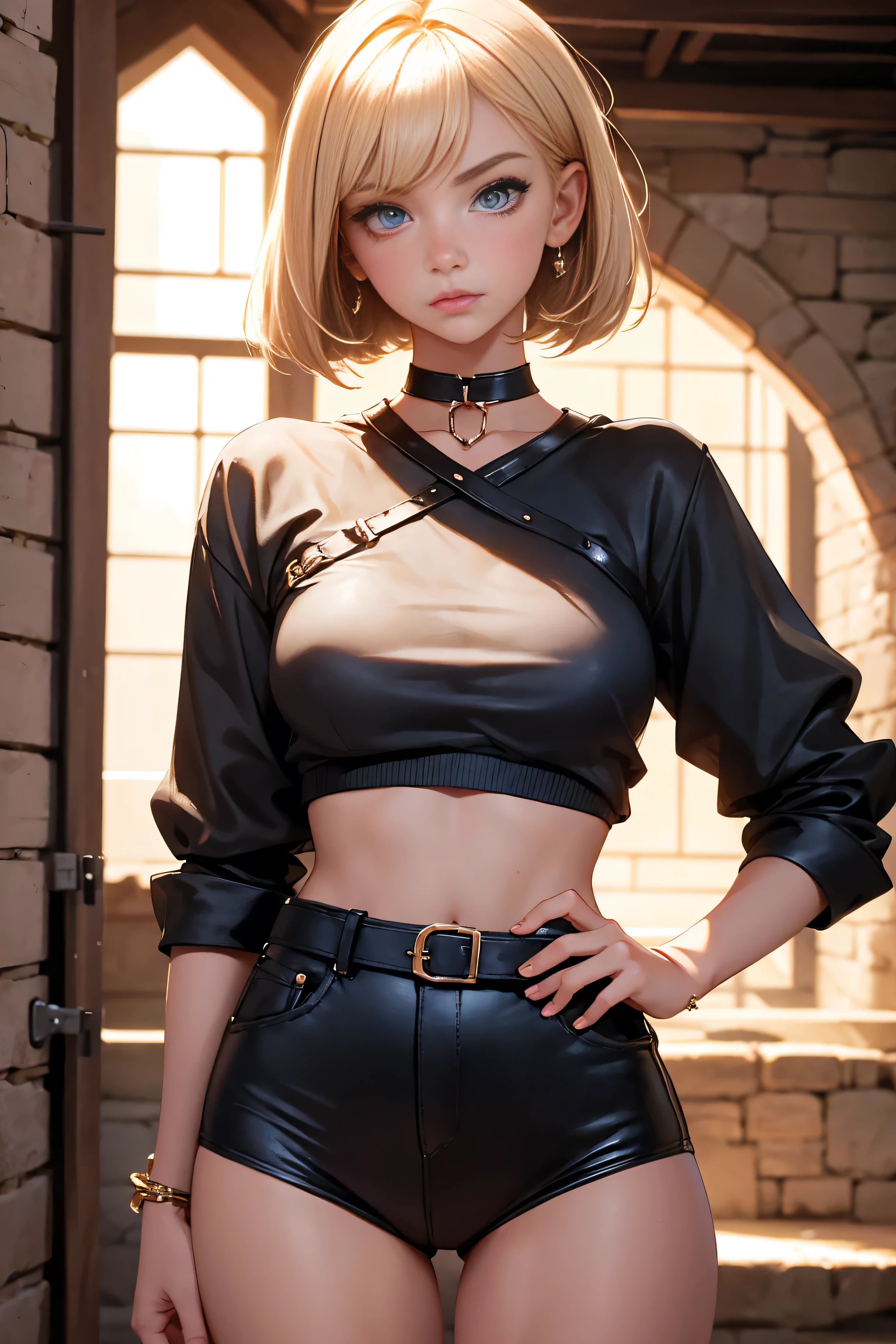 Teenage girl 20 years old, model, blonde, bob hairstyle, bangs, summer makeup, manicure, girl tanned, girl wearing a crop sleeve shirt and very short mini shorts, bracelets, choker, belt, beautiful long legs, beautiful thigh line, hands on hips, flirtatiously posing, sweaty, girl languishing in captivity in the dungeon of a castle with ghosts, slavery, aesthetics, top quality