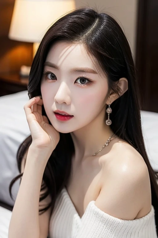 , (Mature body), Solitary,Long gray hair,black hair color, Off-shoulder, black eyes,1 Sister,A sexy pose,best quality,masterpiece,light,Extremely exquisite and beautiful,CG,Unite,8k wallpaper,Astonishing,detailed,masterpiece,Official Art,The content is very detailed Cg Unite 8k wallpaper,Extremely ridiculous,Huge file size,ultra - detailed,high resolution,The content is very detailed,Beautiful and delicate girl,Practical,full,Hotel Room,Light Contrast, Lopez, fully body photo, full, White under underwear