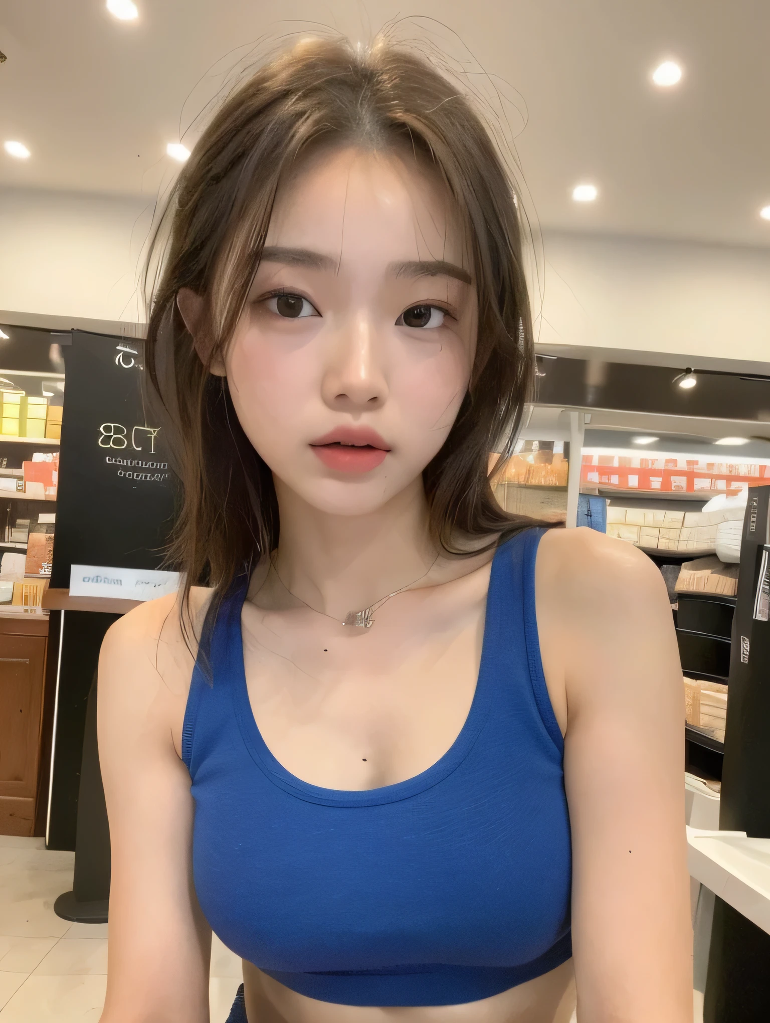 ((Best quality, 8k, Masterpiece :1.3)), 1girl, Eimi Fukuda, Pretty woman with emphasizing slender abs :1.3, (random hairstyles :1.2), Oversized tank top :1.2, Ultra-detailed face, Detailed eyes, Double eyelid, at store