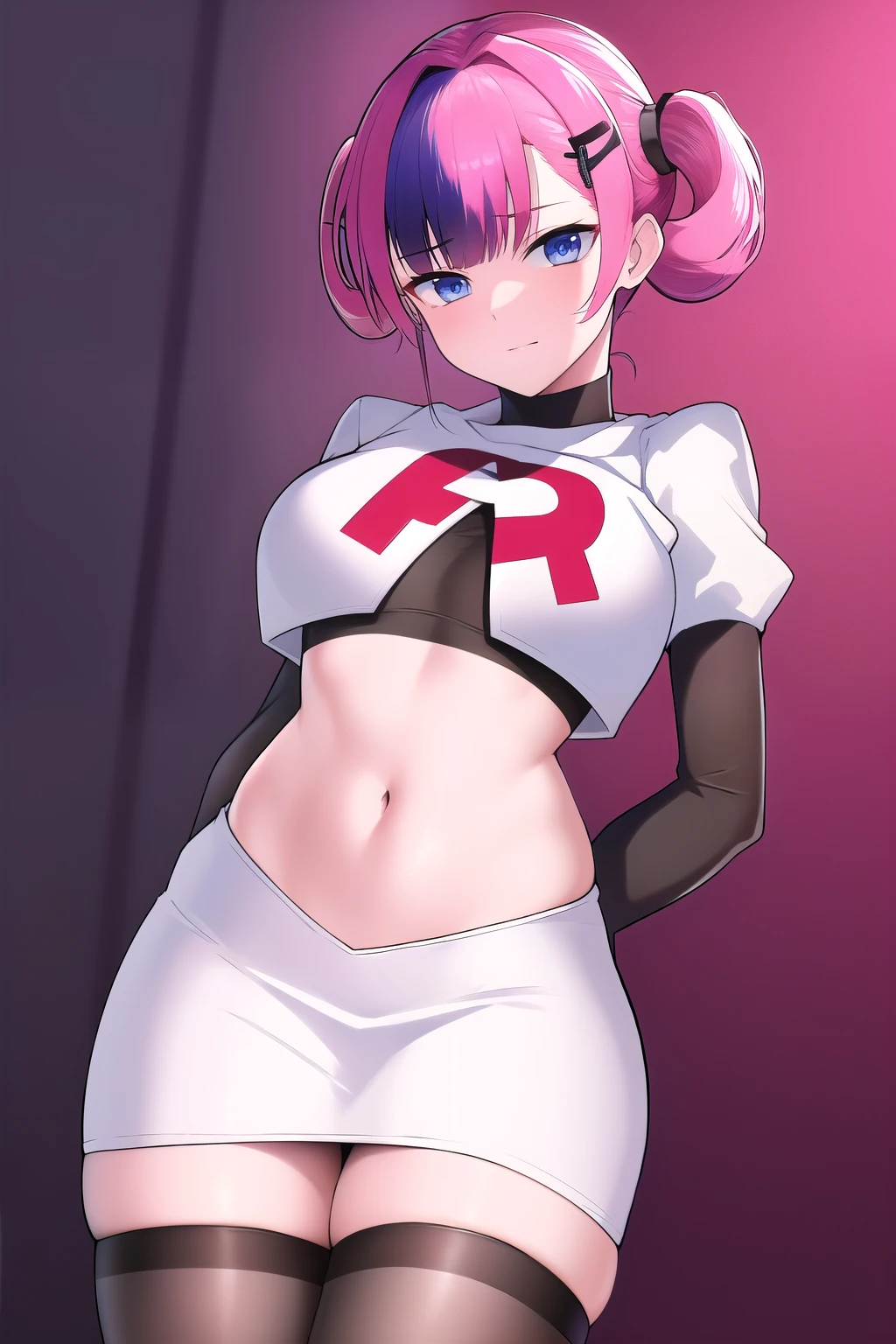 absurdres, best quality, androgynous, solo, looking at viewer,eye focus, TachibanaHinano, (short hair:0.75), medium breasts, (split-color hair), blue eyes, hairclip, (messy hair:1), choker, (earrings:0.1), (sidelocks)
BREAK
pink hair, (swept bangs:0.25), sidelocks
BREAK
(blunt bangs:1), (sidelocks:1.5), team rocket,team rocket uniform,white skirt,red letter R,crop top,black thigh-highs,black elbow gloves