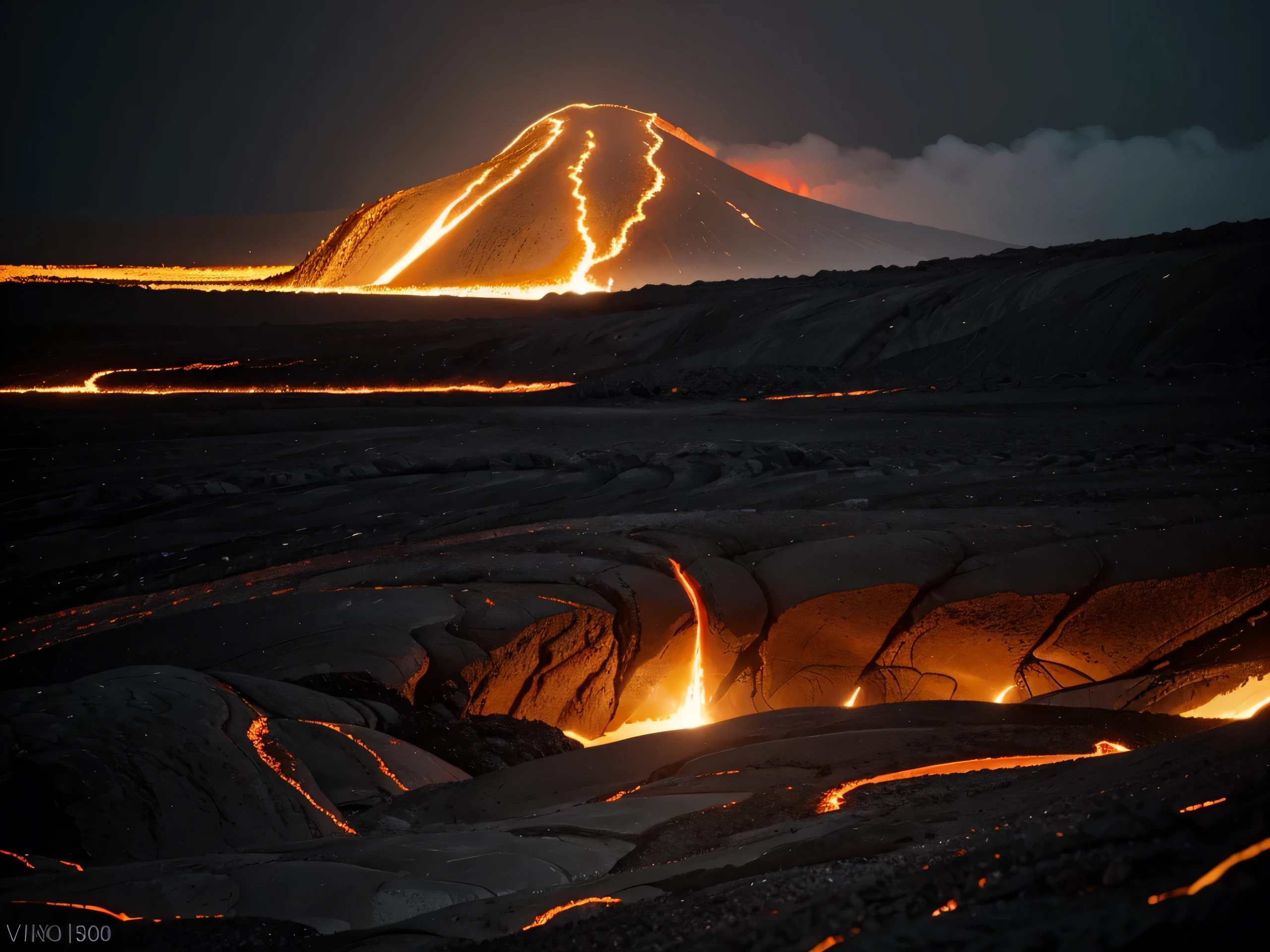 A lava flow cutting through a darkened landscape, medium: long-exposure photography, style: evocative of Gerd Ludwig's work, lighting: natural glow from lava, colors: fiery reds and blacks, composition: Nikon D850, AF-S NIKKOR 14-24mm f/2.8G ED lens, ISO 100, f/8, shutter speed 30s, wide-angle lens --ar 9:16 --v 5.1 --style raw --q 2 --s 750