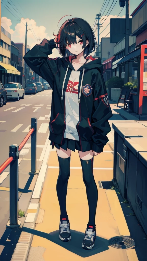 zettai ryouiki, Hoodie,short hair, Black hair, Flat chest, 1girl, Red eyes,teens girl,hair pin,Solo, Morning,full body, highres,blue sky,City