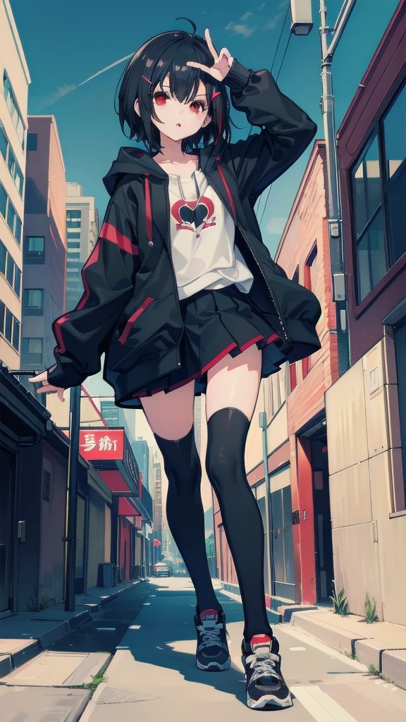 zettai ryouiki, Hoodie,short hair, Black hair, Flat chest, 1girl, Red eyes,teens girl,hair pin,Solo, Morning,full body, highres,blue sky,City