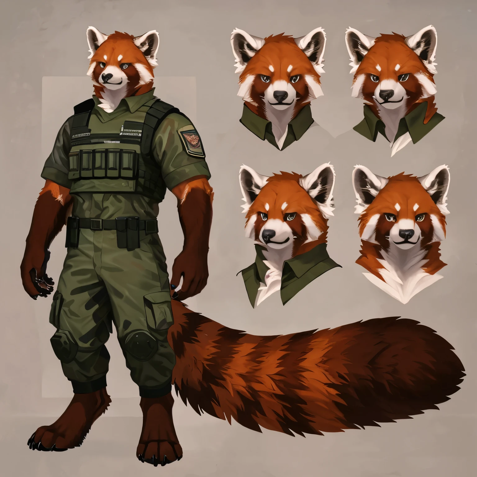 male furry fluffy anthropomorphic red panda reference sheet, full body , detailed features like expressive eyes, bushy tail, sharp teeth, realistic fur texture, medium: digital illustration, front view and back view, high-resolution, professional quality, intricate patterns on the fur, adorable and charismatic personality, attention to anatomical, designed facial structure, Special Forces clothing
