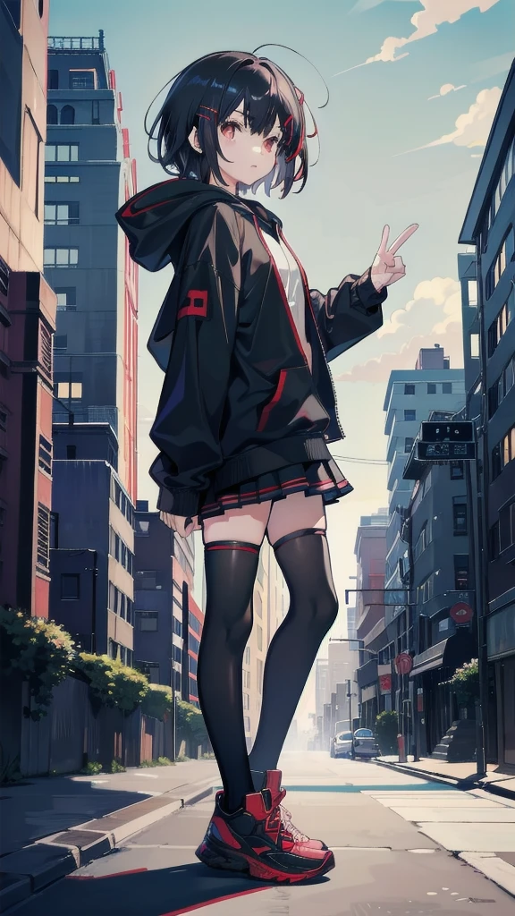 zettai ryouiki, Hoodie,short hair, Black hair, Flat chest, 1girl, Red eyes,teens girl,hair pin,Solo, Morning,full body, highres,blue sky,City,Back view