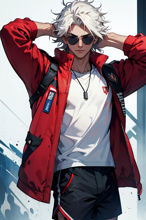 boy with black sunglasses with blue shorts white shirt and red jacket and messy hair