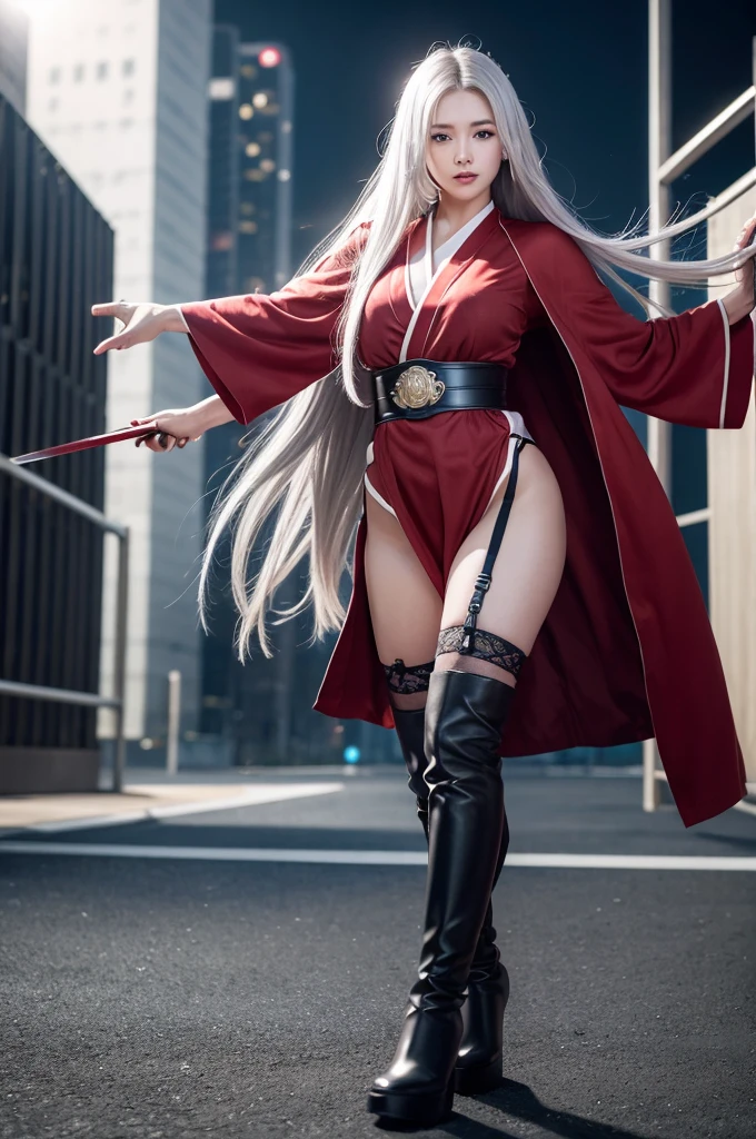 highest quality、8k Masterpiece、超A high resolution、(Photorealistic:1.3)、RAW Photos、1 girl、Silvery white shiny super long hair、Glowing Skin、samurai、Ninja、((Ultra-Realistic Details))、Portrait、Global Illumination、Shadow、Octane Rendering、8k、Super sharp、Beautiful breasts、Metal、Cold colors、、Very intricate details、Realistic Light、CGSoation Trend、Beautiful Eyes、Shining Eyes、To the camera、Neon Details、20age、Too beautiful face、Intelligence、Obscene、sexy、Moe、Rin、whole body、Healthy Body、Manhattan at night in the background、Helipad on a high-rise building、love、Charm、mischievous、Future、白いbattle服、Wearing a red robe、Short knife、Jedi Knight、battle、Overbearing、Realistic photos、Realistic facial features、Super long silvery white hair fluttering in the wind、Black boots、Realistic costumes、wide shot、full body、garter belt