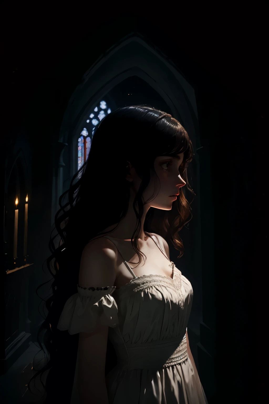 High-quality, 4K image: A young woman, filled with dread, gazes with terror at a dark shadow looming over her in the middle of the night. Her pale skin is illuminated by the soft glow of the moonlight, casting deep shadows on her anxious face. Her long, wavy hair falls around her shoulders, framing her delicate features. She wears a simple white dress that clings to her slender figure, the fabric billowing slightly in the cool night air. The dark shadow, a menacing figure shrouded in mystery, looms closer, its outlines barely discernible in the dim light. In the background, the silhouette of a gothic cathedral can