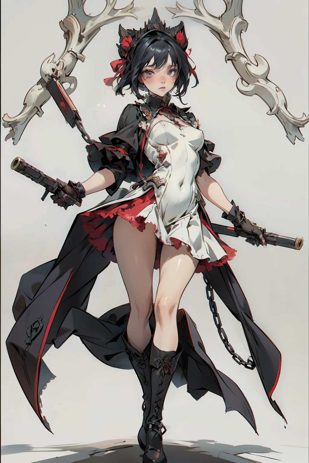 ((best quality)), ((masterpiece)), (detailed), a penitent female, blank white background, plain background, white background, red and white clothing, Bloodborne aesthetic,  occult aesthetic, occult, occult paraphernalia, detailed and intricate steampunk and detailed gothic, NSFW, Very dramatic and cinematic lighting, cosmic horror, grim-dark, side-lighting, perfect face, NSFW, Fluttering lace flared  dress with frilly petticoats, pleated petticoats, petticoats, complex lace boots, side-lighting, gothic aesthetic, chains, mechanical components, carbine, NSFW, beautiful small breasts, small breasts, full body, whole body, body, plain background, white background, blank background, no background, white background NSFW, full body, whole body, head-to-toe dynamic poses NSFW