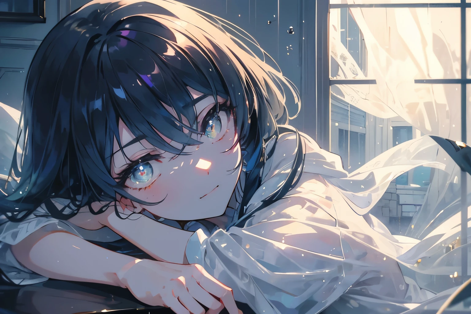Create exquisite illustrations reminiscent of Makoto Shinkai's style, It has ultra-fine details and top-notch quality. Create a high-quality illustration depicting a beautiful girl enjoying a cup of coffee while gazing out the window on a rainy night. The scene should evoke a sense of nostalgia and enchantment, with intricate details and a dreamy atmosphere. The girl's features should be beautifully rendered, capturing her serene and contemplative expression. The warm glow of the room's lighting should contrast with the rainy night outside, enhancing the nostalgic feel. The window should show rain-soaked streets and softly glowing streetlights. Inside the room, include elements like the cozy ambiance, reflections on the glass, and subtle shadows. Every detail should be meticulously crafted to immerse the viewer in a nostalgic and magical moment. best quality, masterpiece, expressive eyes, gorgeous, vivid, perfect face, smile, happyness, 2eyes, emotion, detailed pupils, vivid pupils,stunning, life, relfection, peace, warm, compsition, artistic, 4k, wallpaper, bonnet, wind, glowing eyes