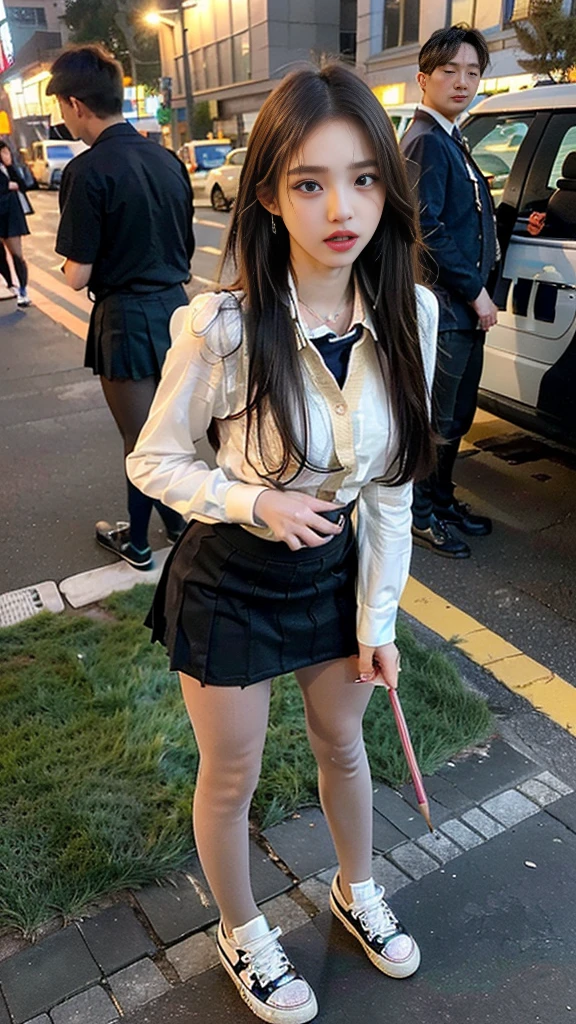 (((NFSW : 1.2))), (((pornography))), (realistic), (intricate details:1.2), (masterpiece、:1.3), (top quality:1.4), (Ultra A high resolution:1.2), Ultra A high resolution, 8K resolution, very detailed expression, dark, (high quality), complete anatomy, natural anatomy, full body photo, crowded teenagers, 1 Girl being raped by 2 men, 21 years old, (call girl:1.5), (prostitute: 1.5), (she is korean:1.6), (beautiful : 1.4), (Shiny blonde banging), (earrings), light makeup, Confusing wording, tie, long legs, (a girl weared flesh colored realistic pantyhose and flat sneakers : 1.3), (a girl's pencil mini skirt of school_uniform and blouse : 1.6), (boys and girl are wearing a slim blazer), (boys weared school_uniform for men : 1.3), glowing skin, the men tied up her arms behind back, (((she feels orgasm : 1.6))), (((moaning : 1.5))), (her gaze being evade camera focus.:1.4),(She being caught and sexually harassed by men : 1.5), (she being forcibly raped by two men : 1.5), violated by them, (One pair of shoes are always symmetrical:1.5),