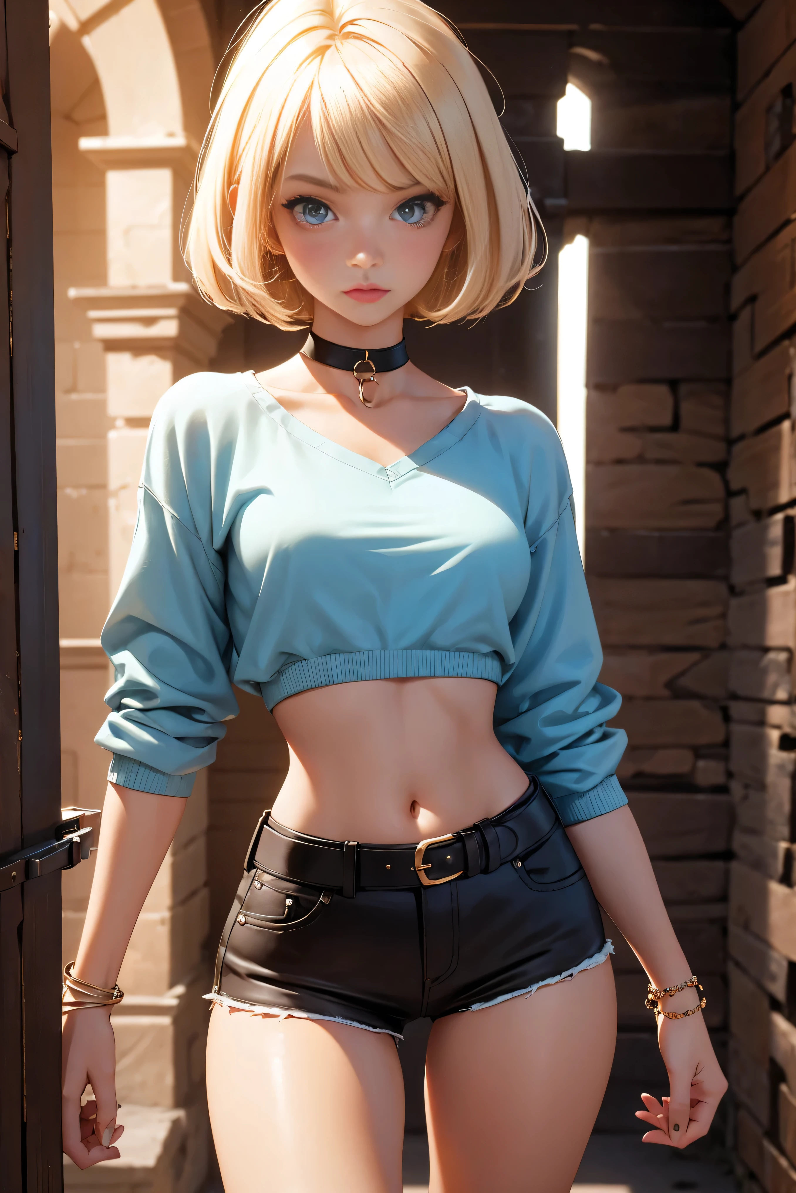 age girl 20 years old, model, blonde, bob hairstyle, bangs, summer makeup, manicure, girl very tanned, girl wearing a crop sleeve shirt and very short mini shorts, bracelets, choker, belt, beautiful long legs, beautiful thigh line, ,the girl hides her hands behind her back, flirtatiously posing, sweaty, girl languishing in captivity in the dungeon of a castle with ghosts, slavery, aesthetics, top quality